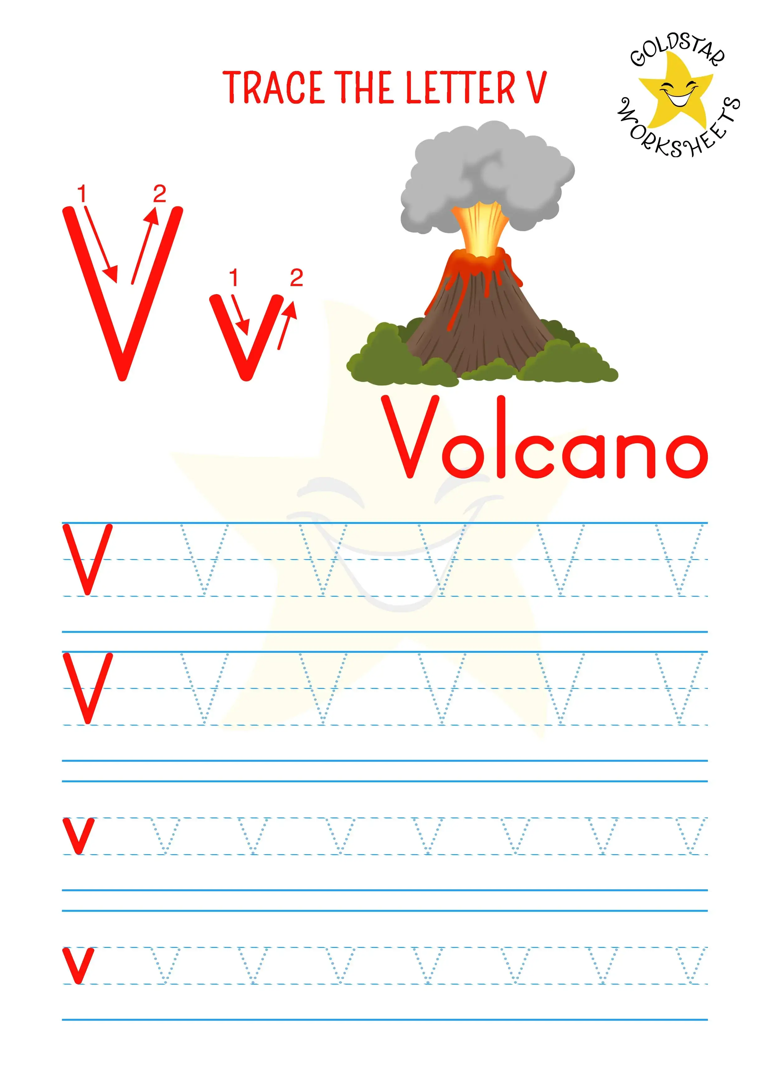 V for Volcano - Free PDF trace the letter V worksheet with uppercase and lowercase