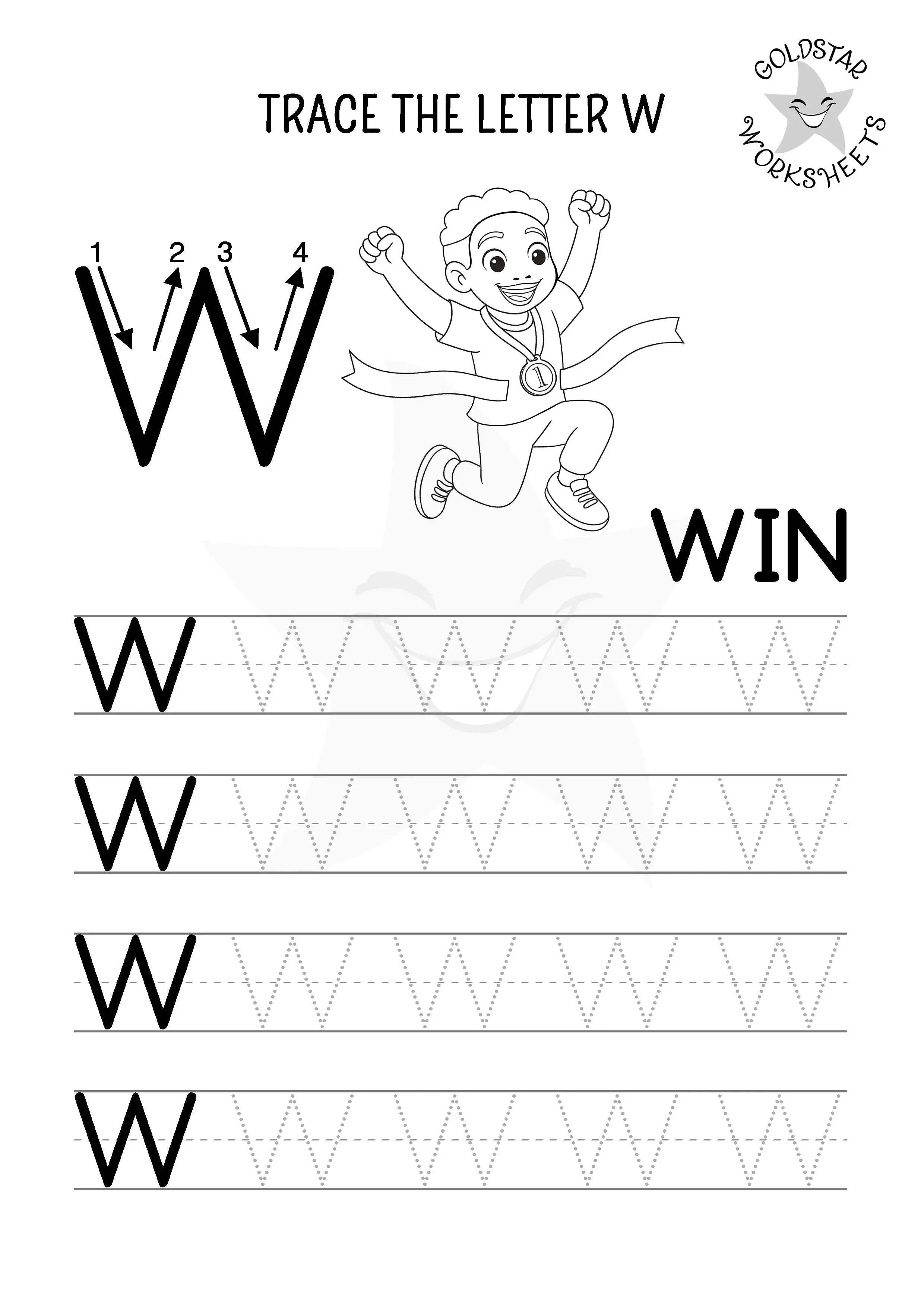W for win - Uppercase Trace the letter W Worksheet with boy winning a race. Kids can color in the picture. 