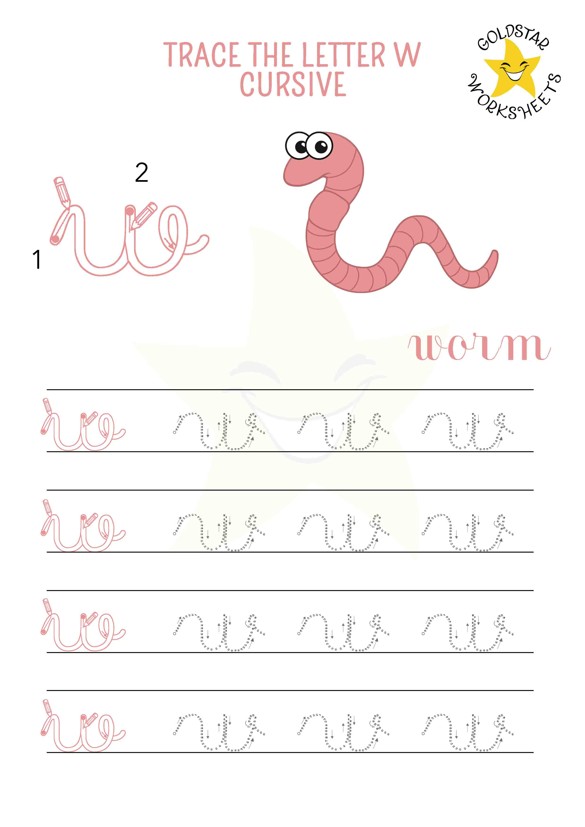 Lowercase cursive letter w tracing worksheet with a wiggly worm design. Free printable for kids. 4 rows of small w writing with stroke order and directional arrows.