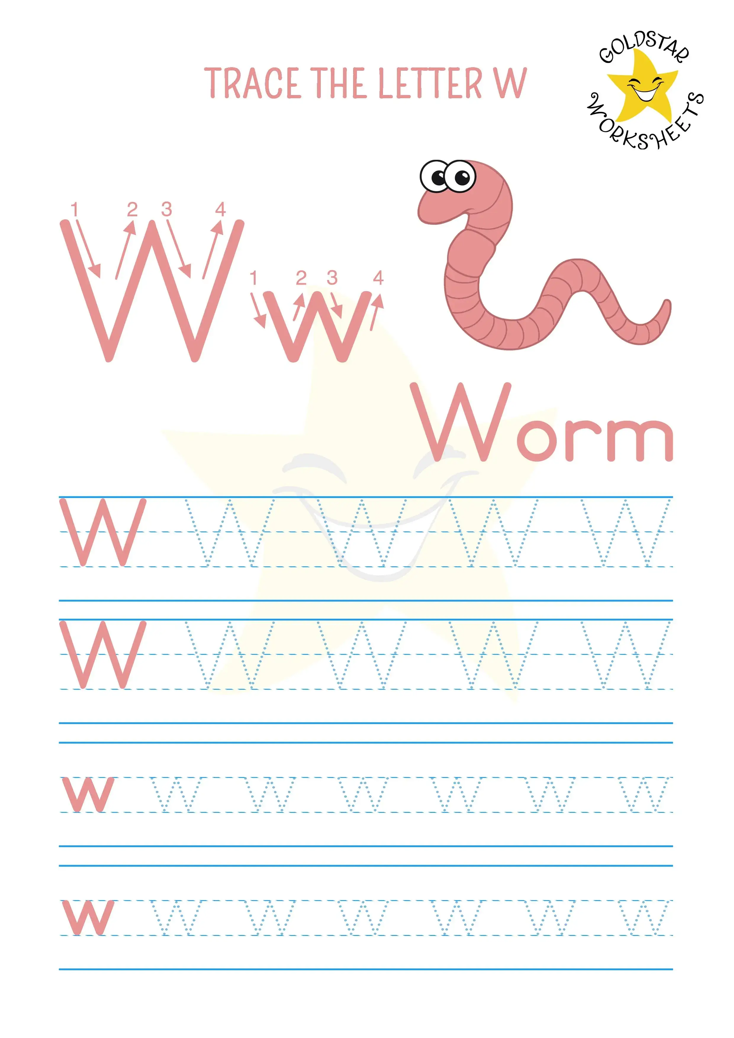 W for Worm - Free PDF trace the letter W worksheet with both uppercase and lowercase practice