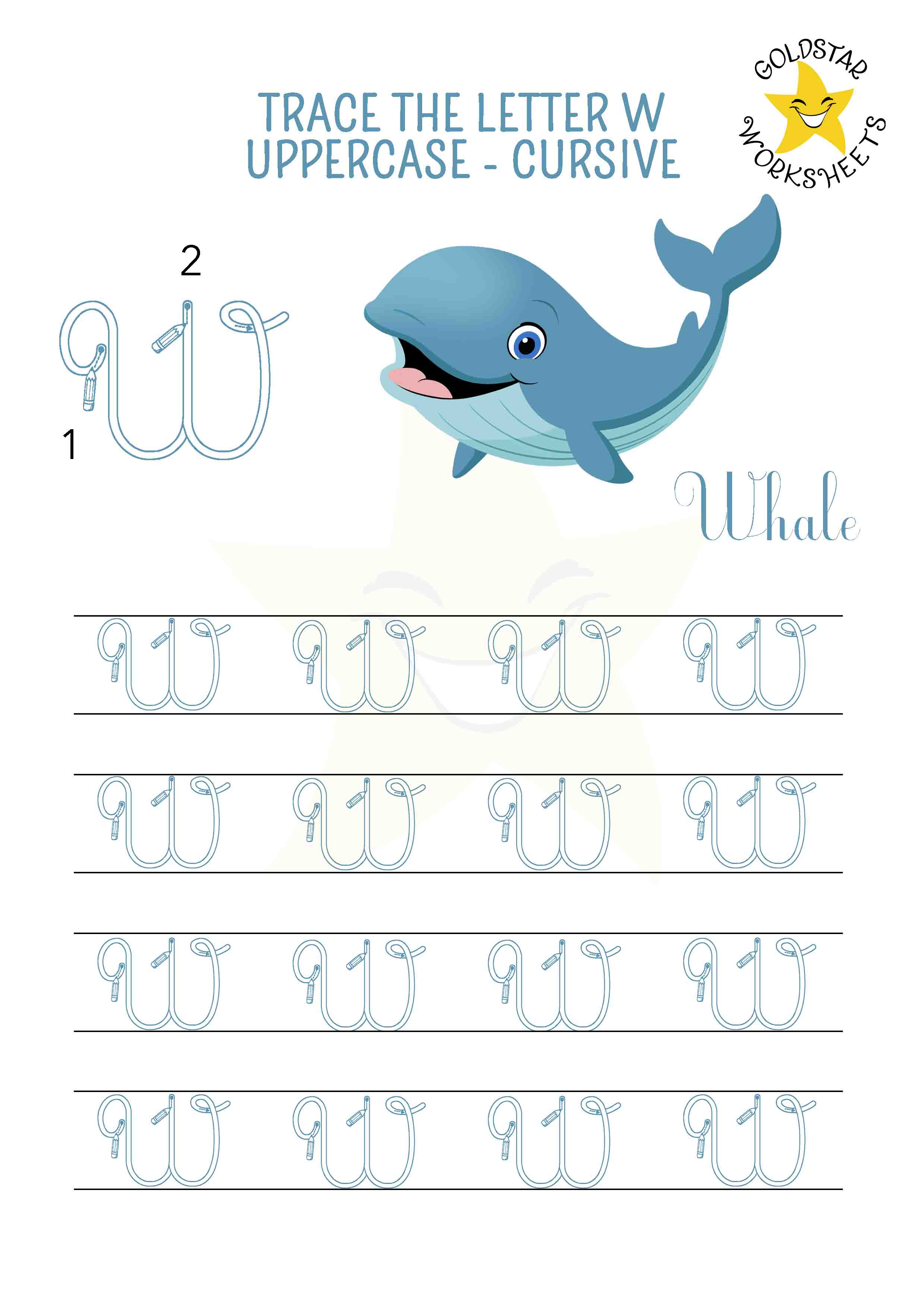 Uppercase cursive letter w tracing worksheet with a wild whale. Free printable for kids. 4 rows of capital W writing with stroke order and directional arrows.