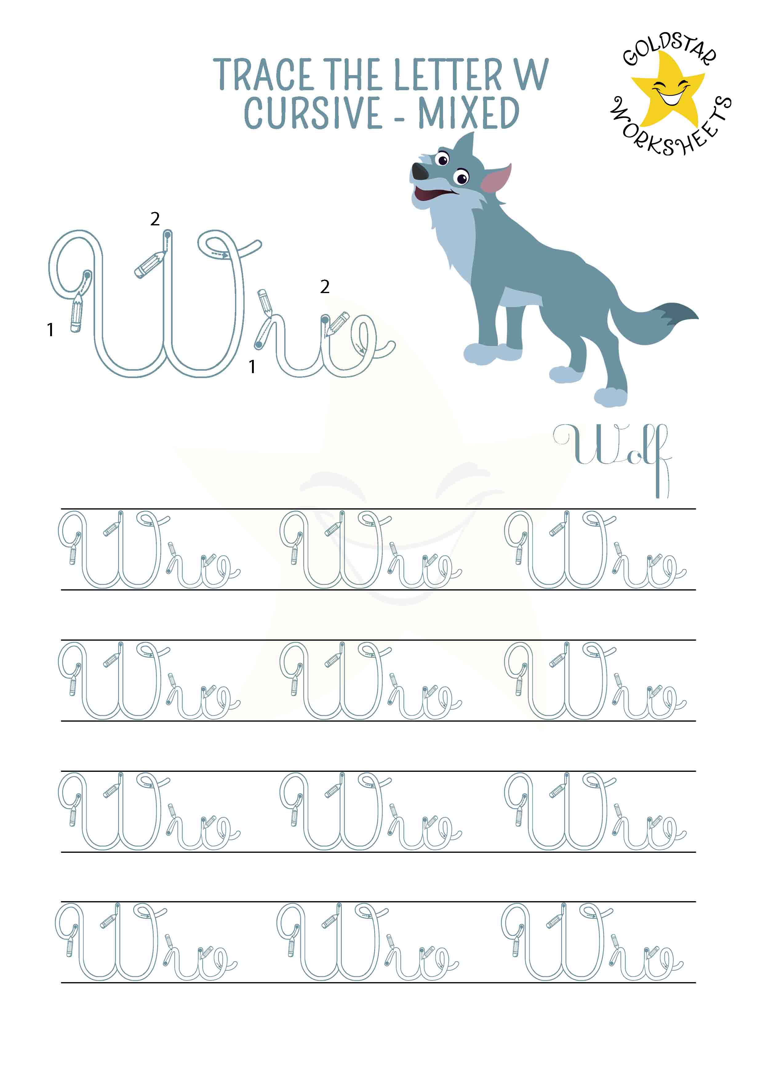 Upper and lowercase cursive letter W tracing worksheet. This mixed practise sheet features a friendly wolf. Free printable PDF for 2nd and 3rd grade kids practicing cursive handwriting. 4 rows of capital W and small w cursive tracing includes directional arrows.