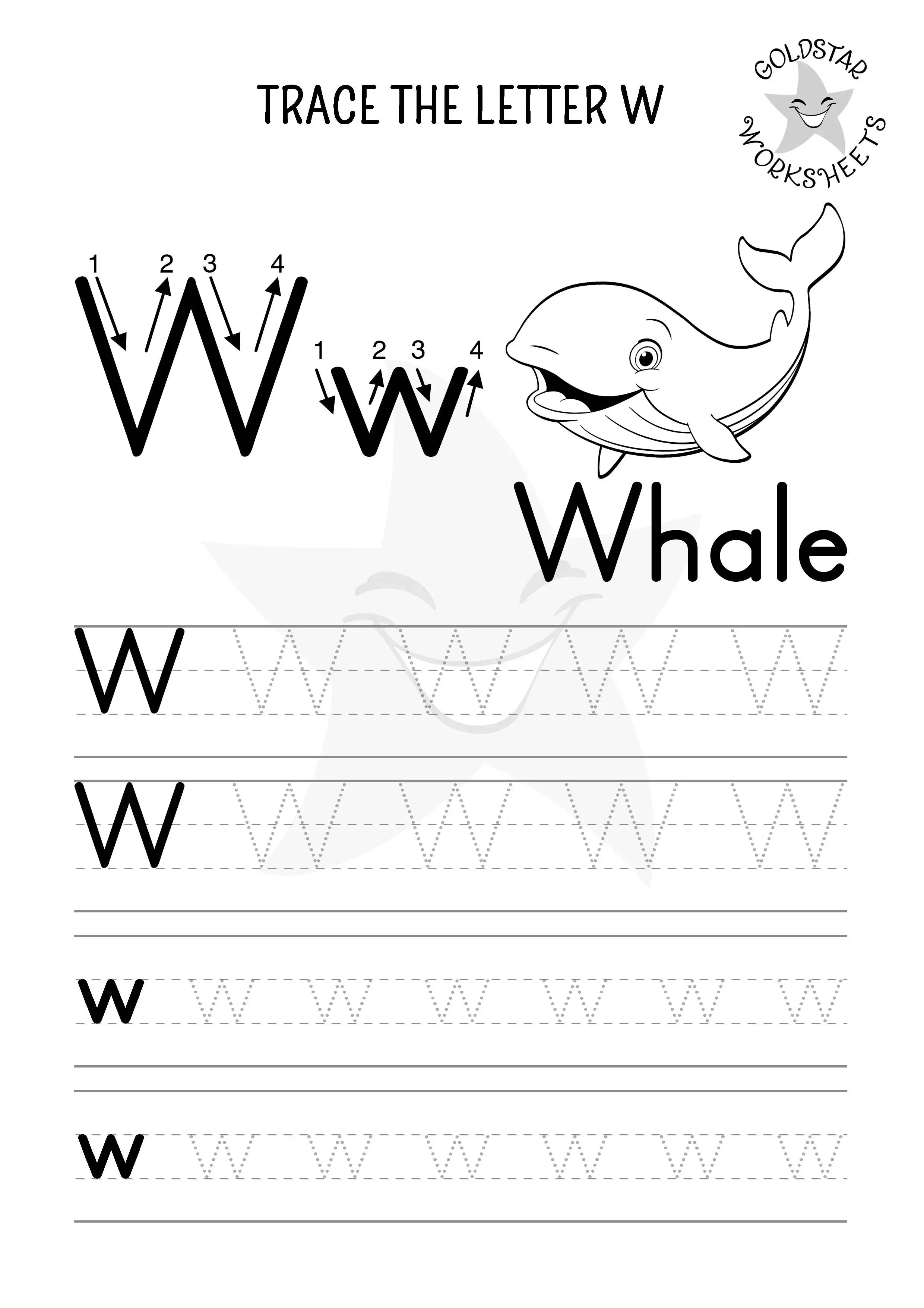 W for Whale – Letter W tracing page with mixed case letters and black and white design for coloring.