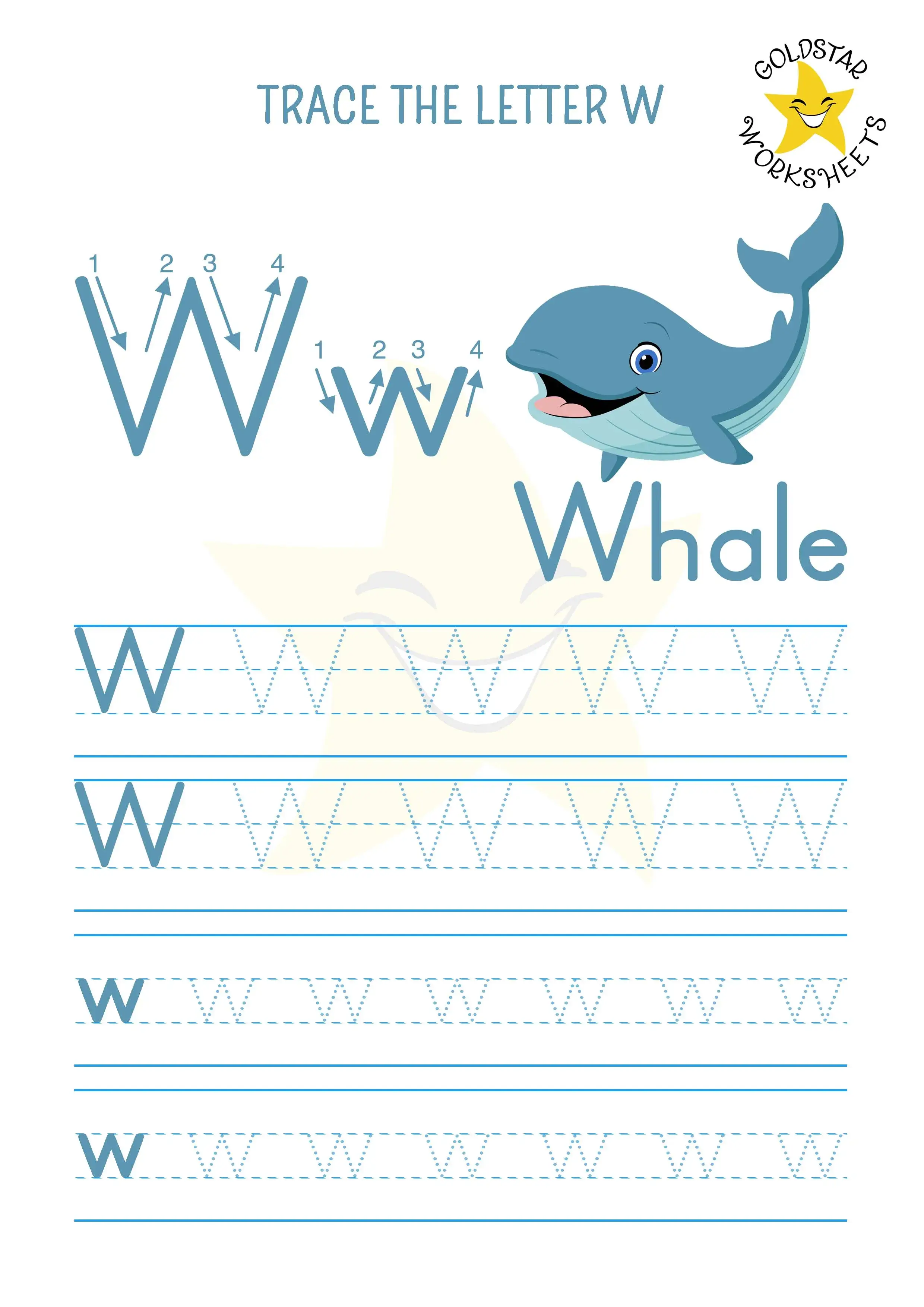 W for Whale - Free PDF trace the letter W worksheet with both uppercase and lowercase practice