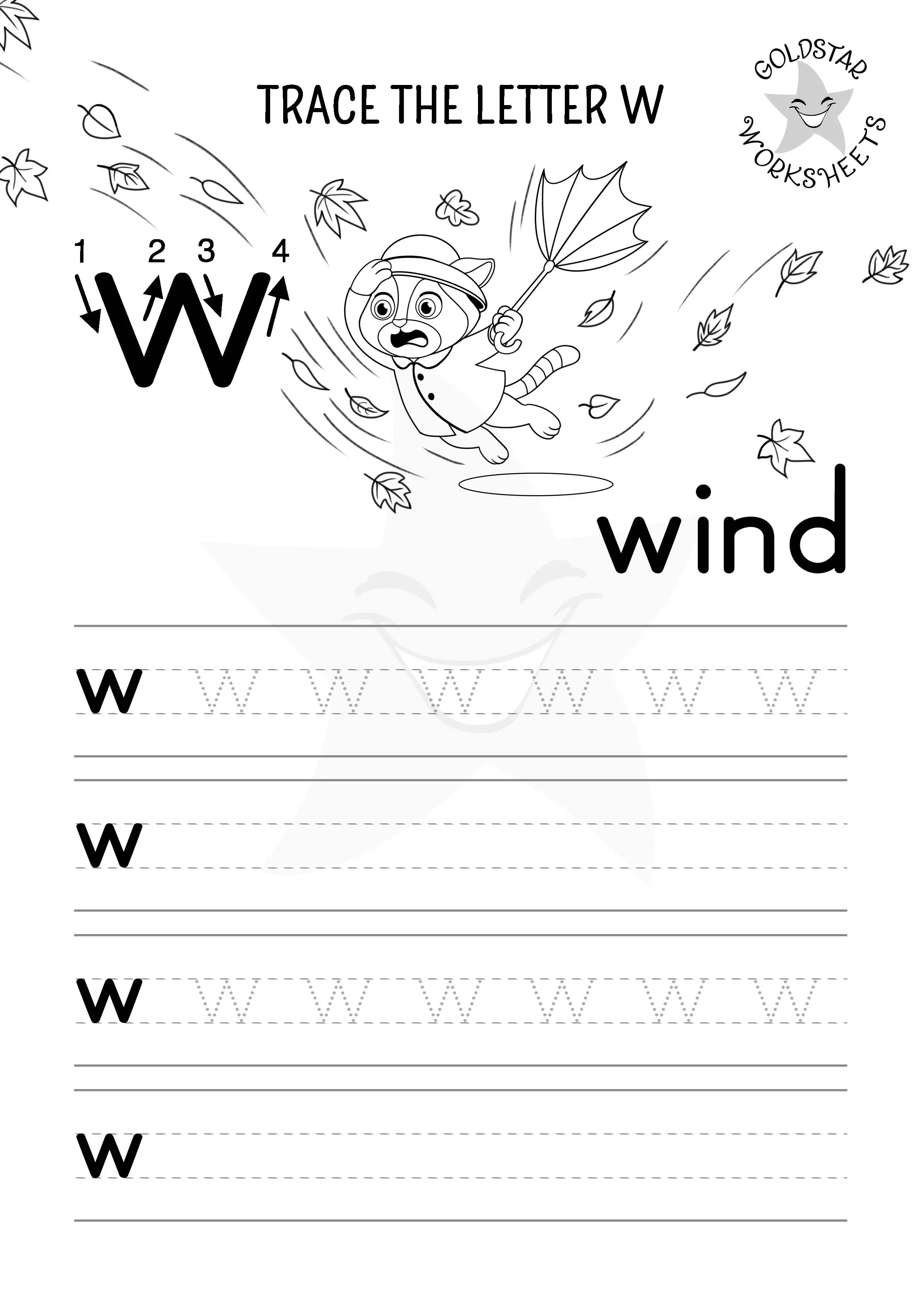 Trace and write the letter W and color in the windy scene