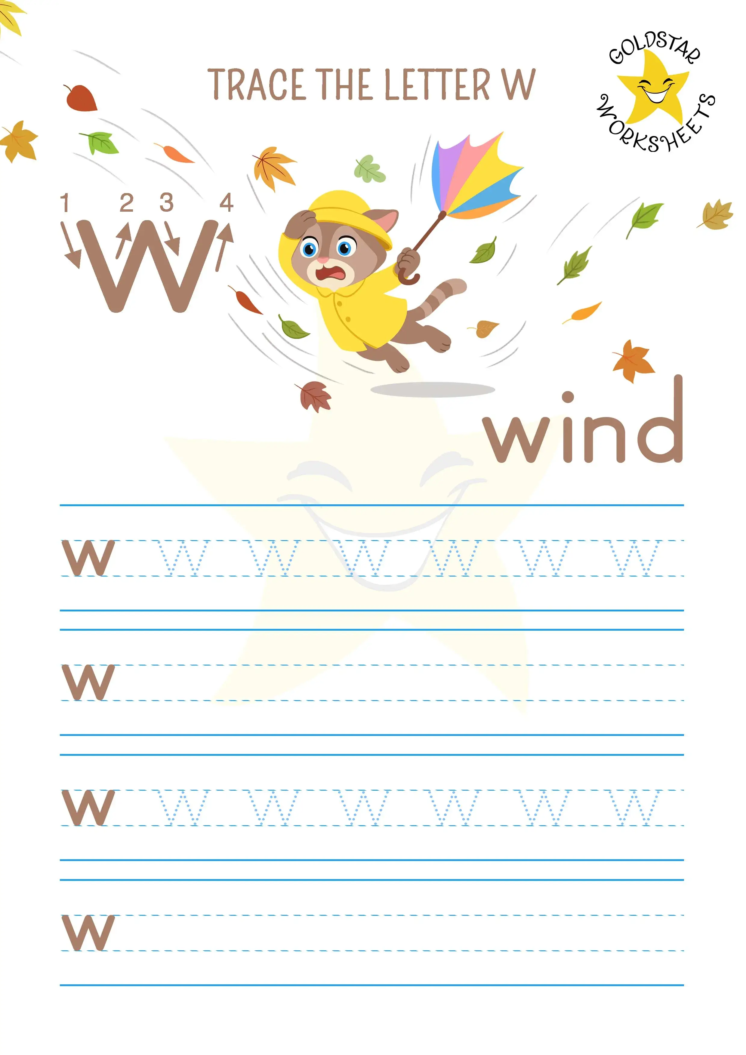 Trace and write the lowercase letter W worksheet. W for wind.