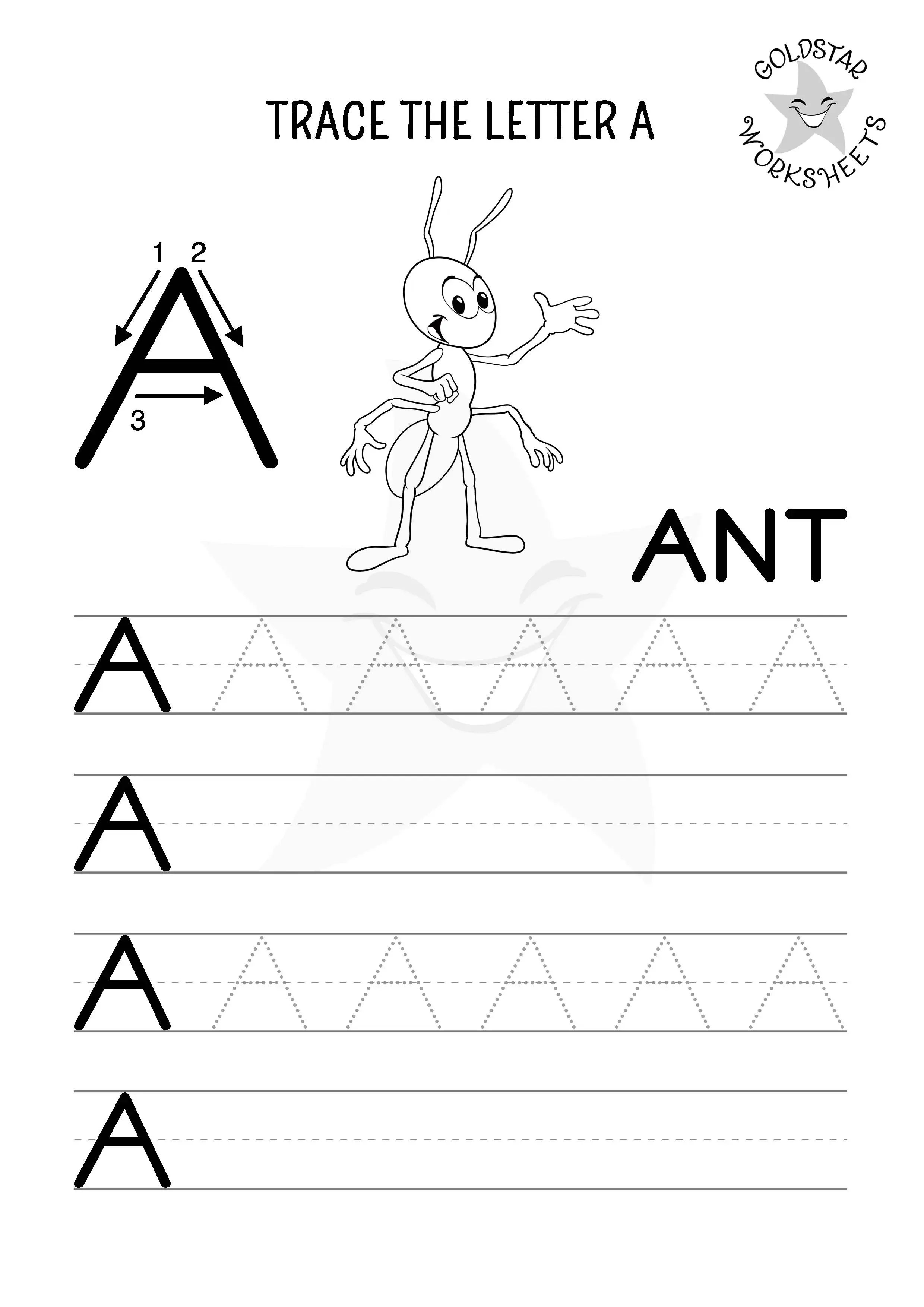 Letter A Uppercase Trace and Write Worksheet with Friendly Ant - Black and White for Kids to Color in