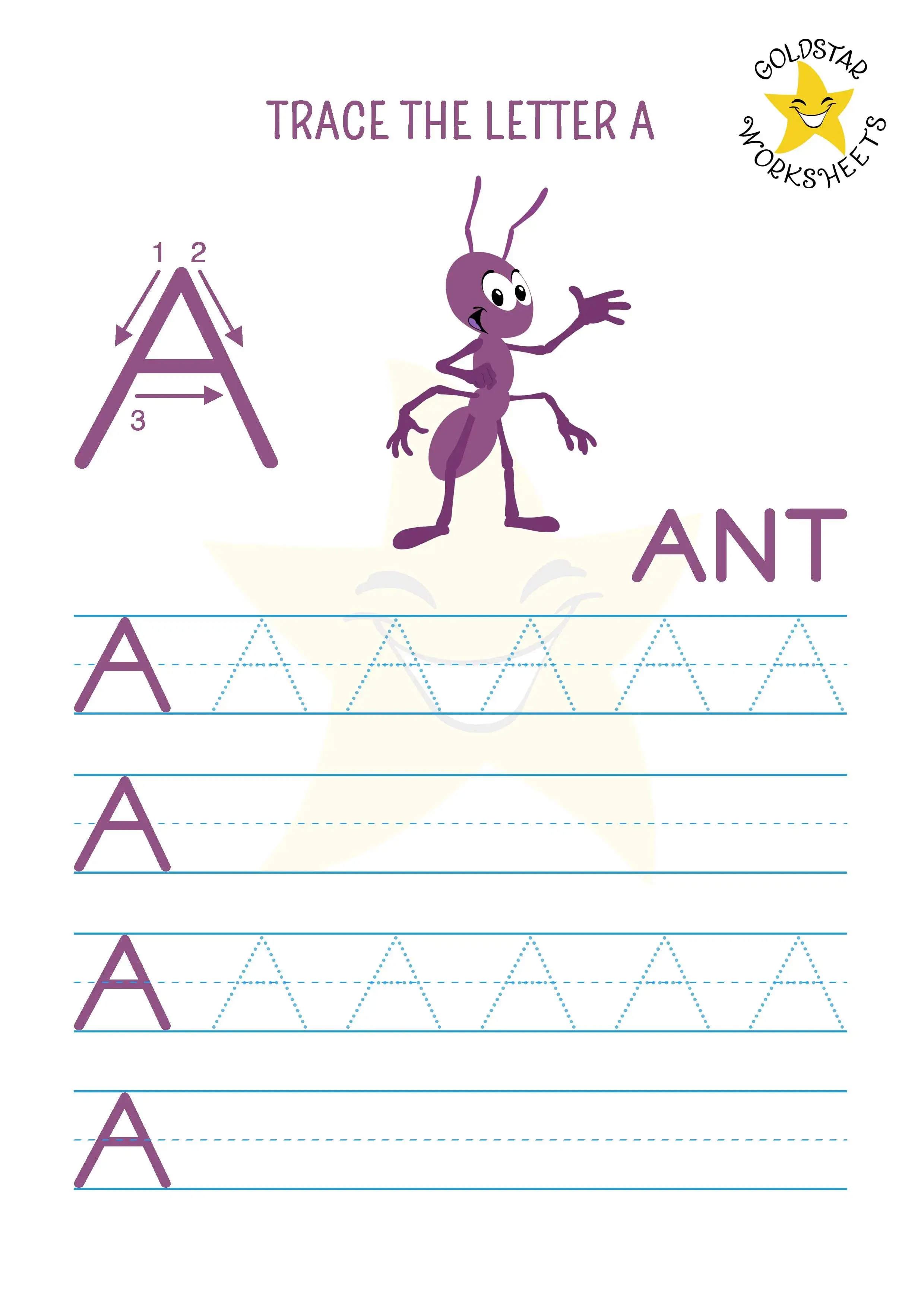 Letter A Uppercase Tracing Worksheet with Friendly Ant