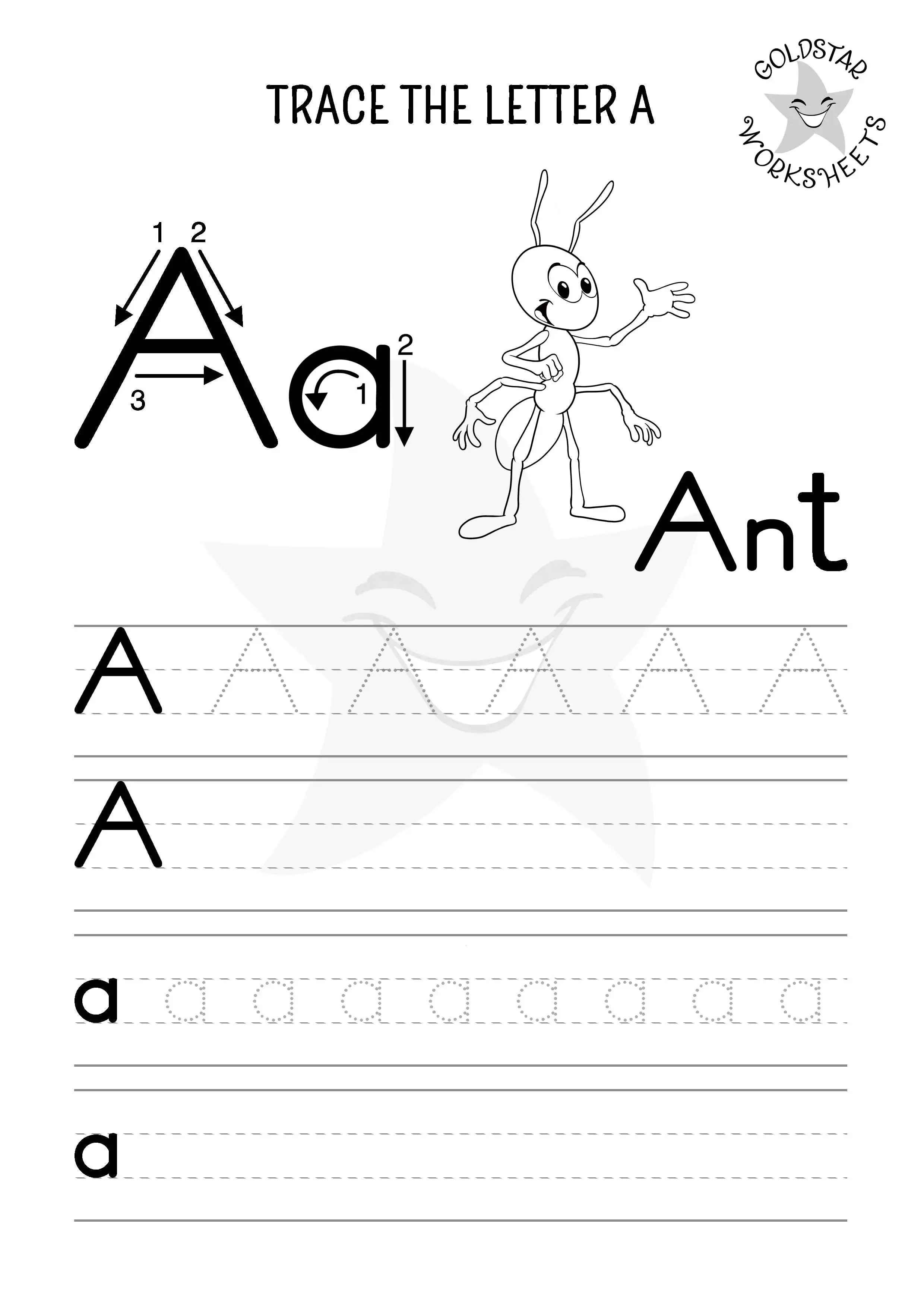 A for Ant– Letter tracing and writing worksheet for uppercase and lowercase A, designed for kids to color in.