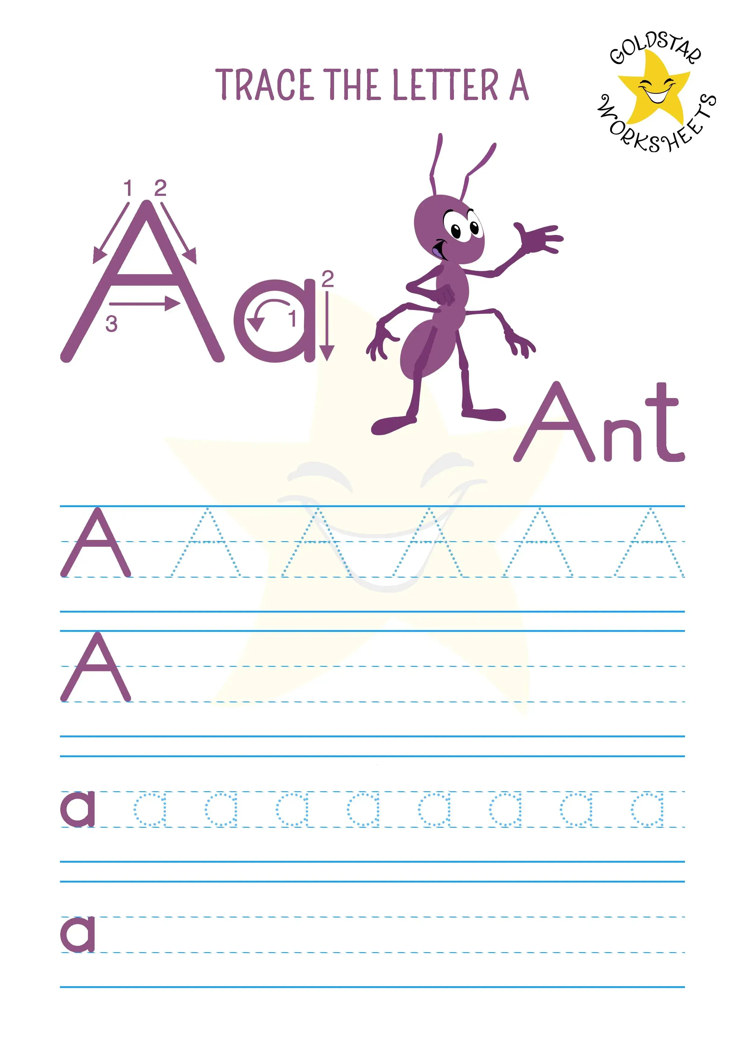 Mixed case letter A trace and write worksheet with friendly ant