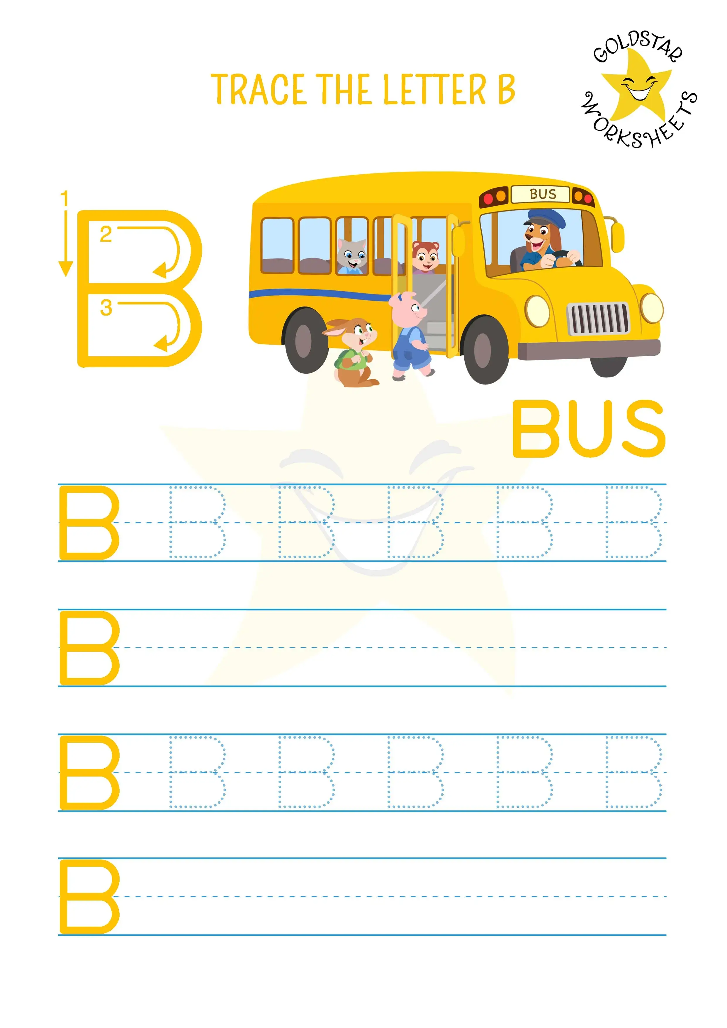 Free Uppercase Letter B tracing and writing worksheet featuring a fun bus scene