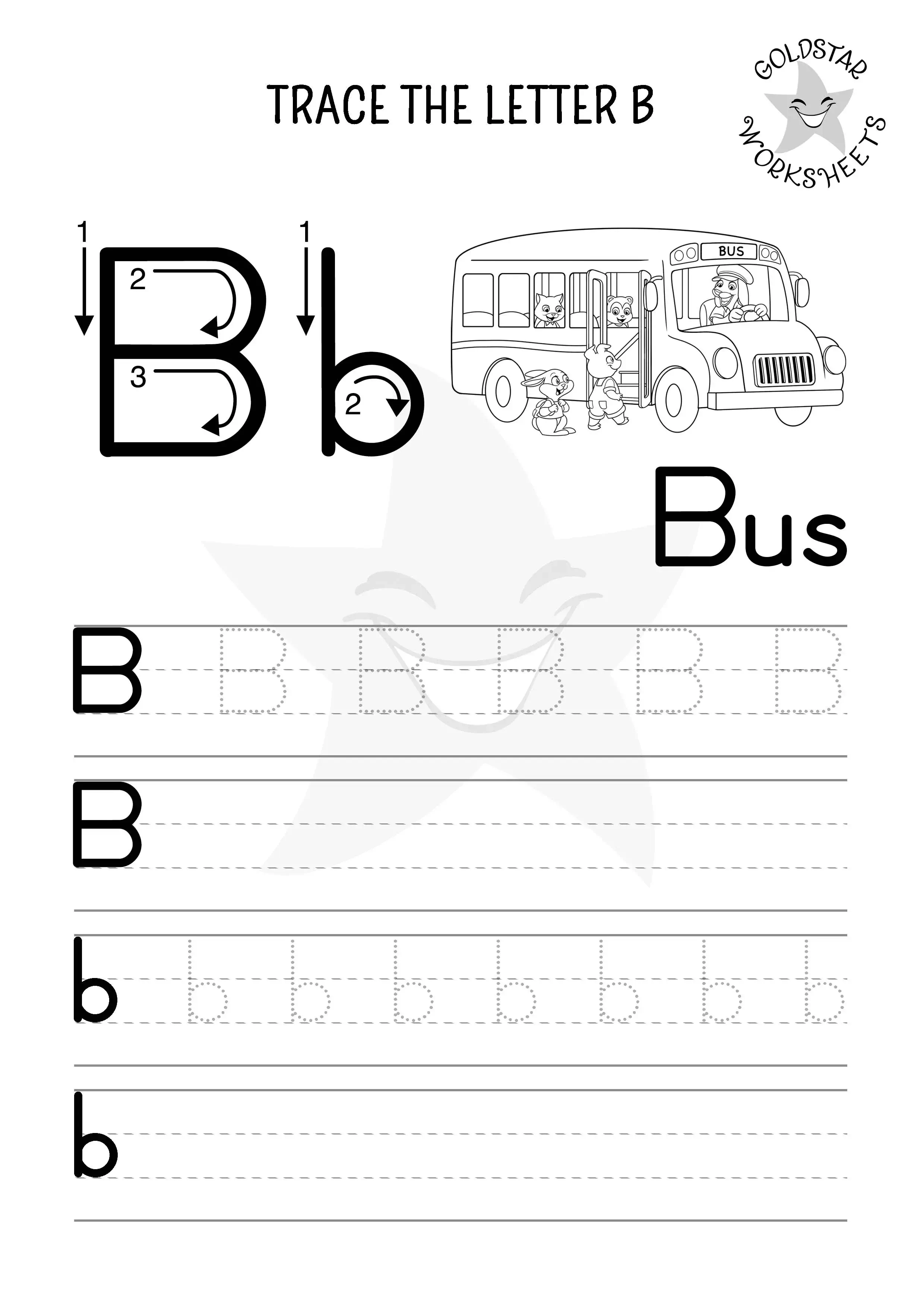 B for Bus – Mixed case B trace and write worksheet in black and white with fun, colorable elements for children.