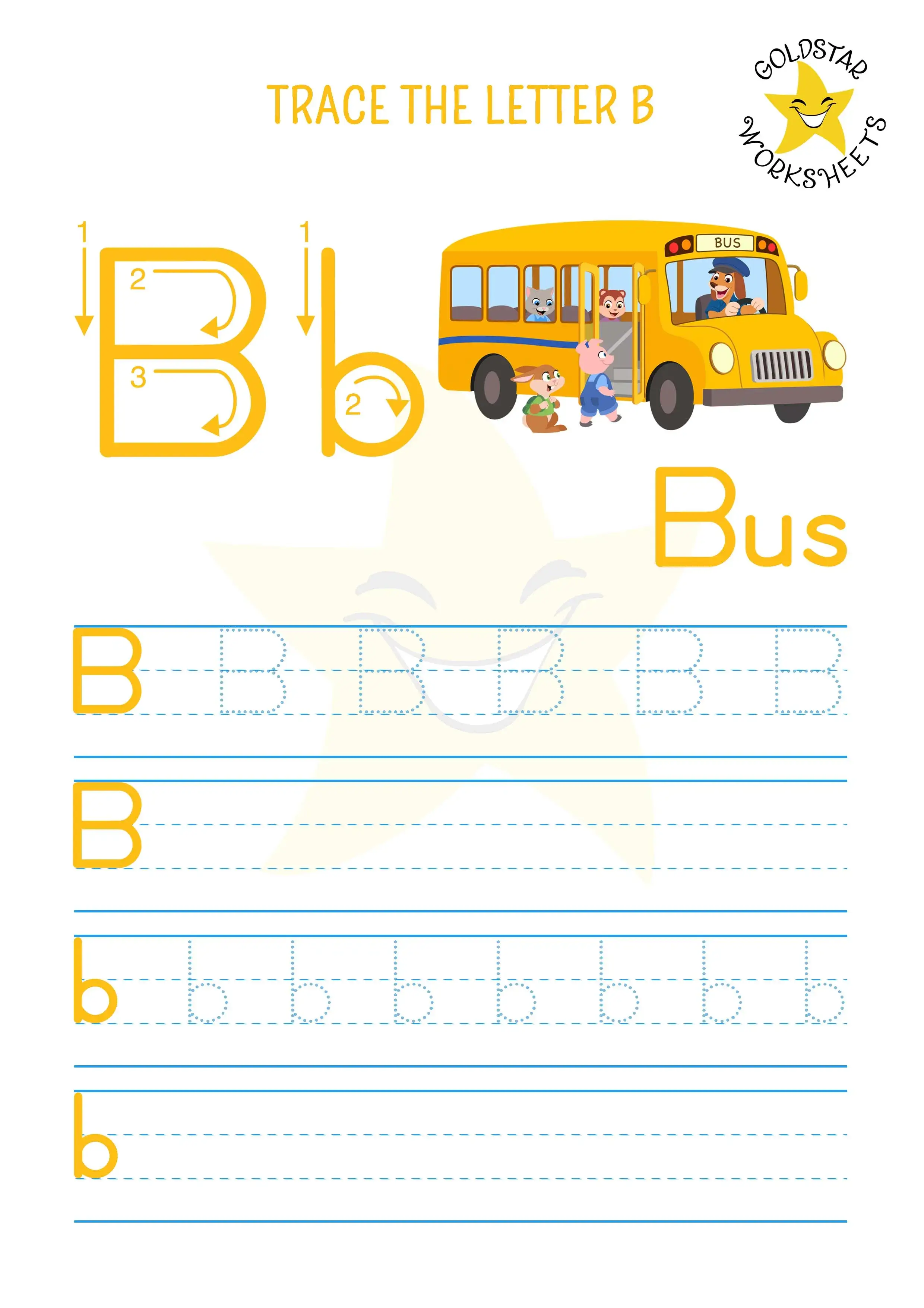 Free letter tracing and writing worksheet for upper and lowercase B with a fun bus scene