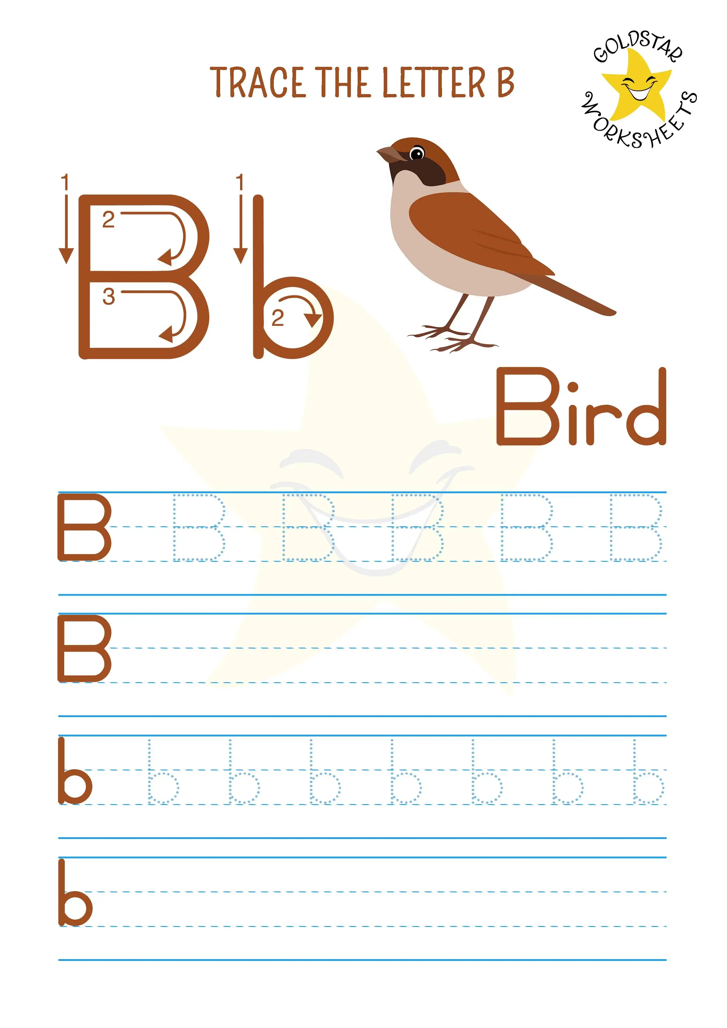 Free trace and write worksheet for upper and lowercase letter B with an elegant bird