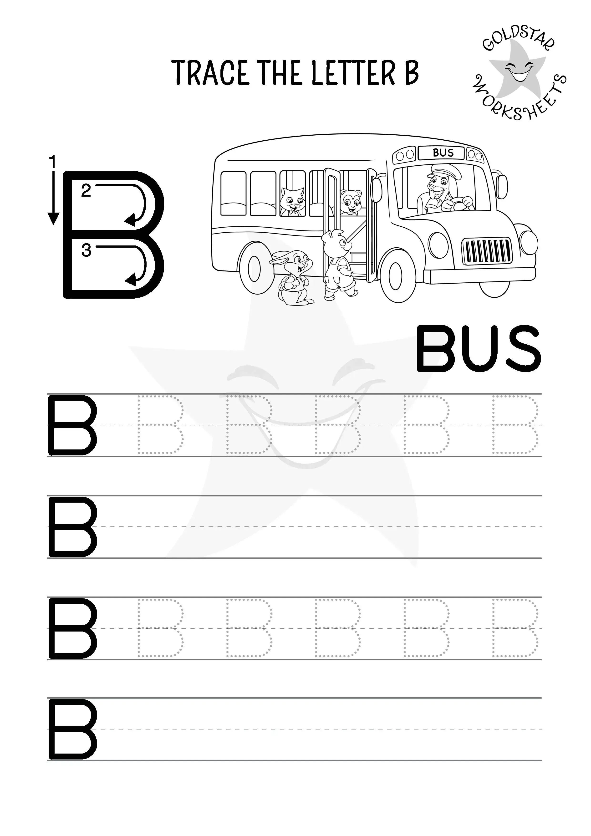 Free Uppercase Letter B trace and write worksheet featuring a fun bus scene. Black and White for Kids to Color in