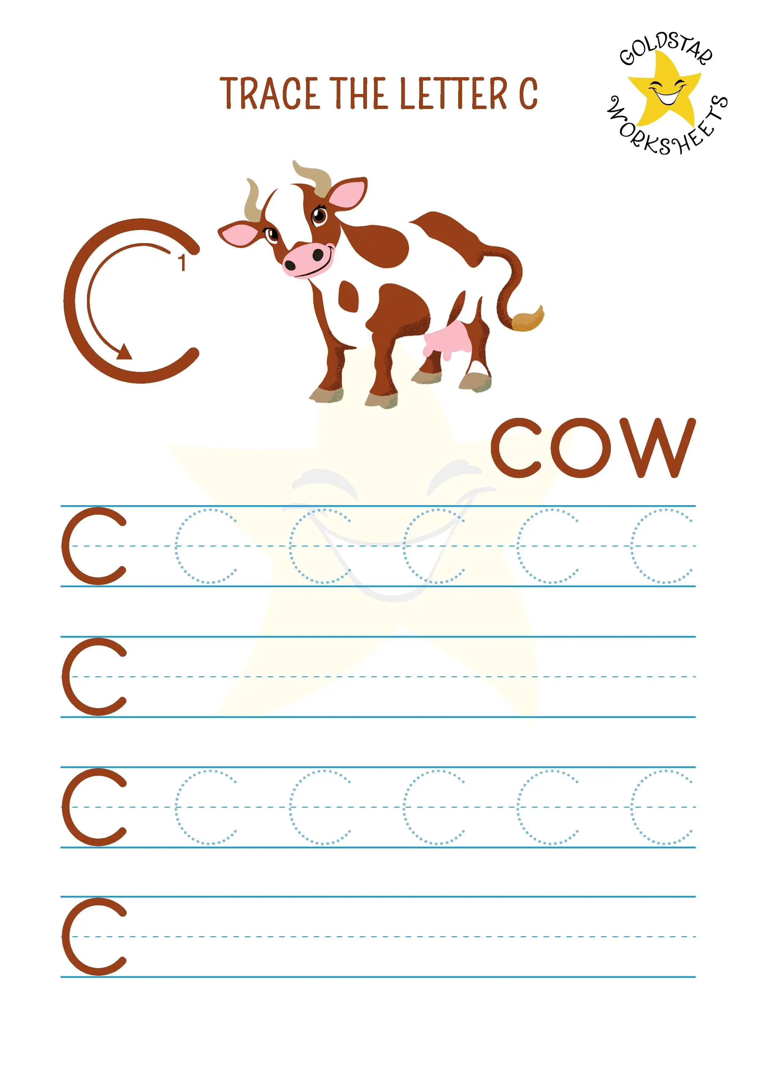 Free uppercase C trace and write worksheet featuring a friendly cow