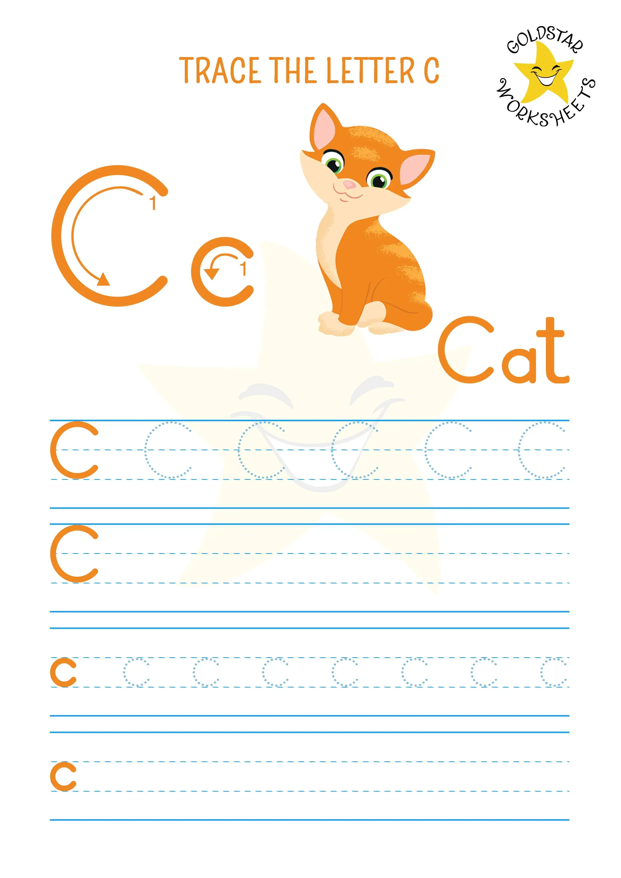 Free tracing and writing worksheet for both uppercase and lowercase C, featuring a cute cat
