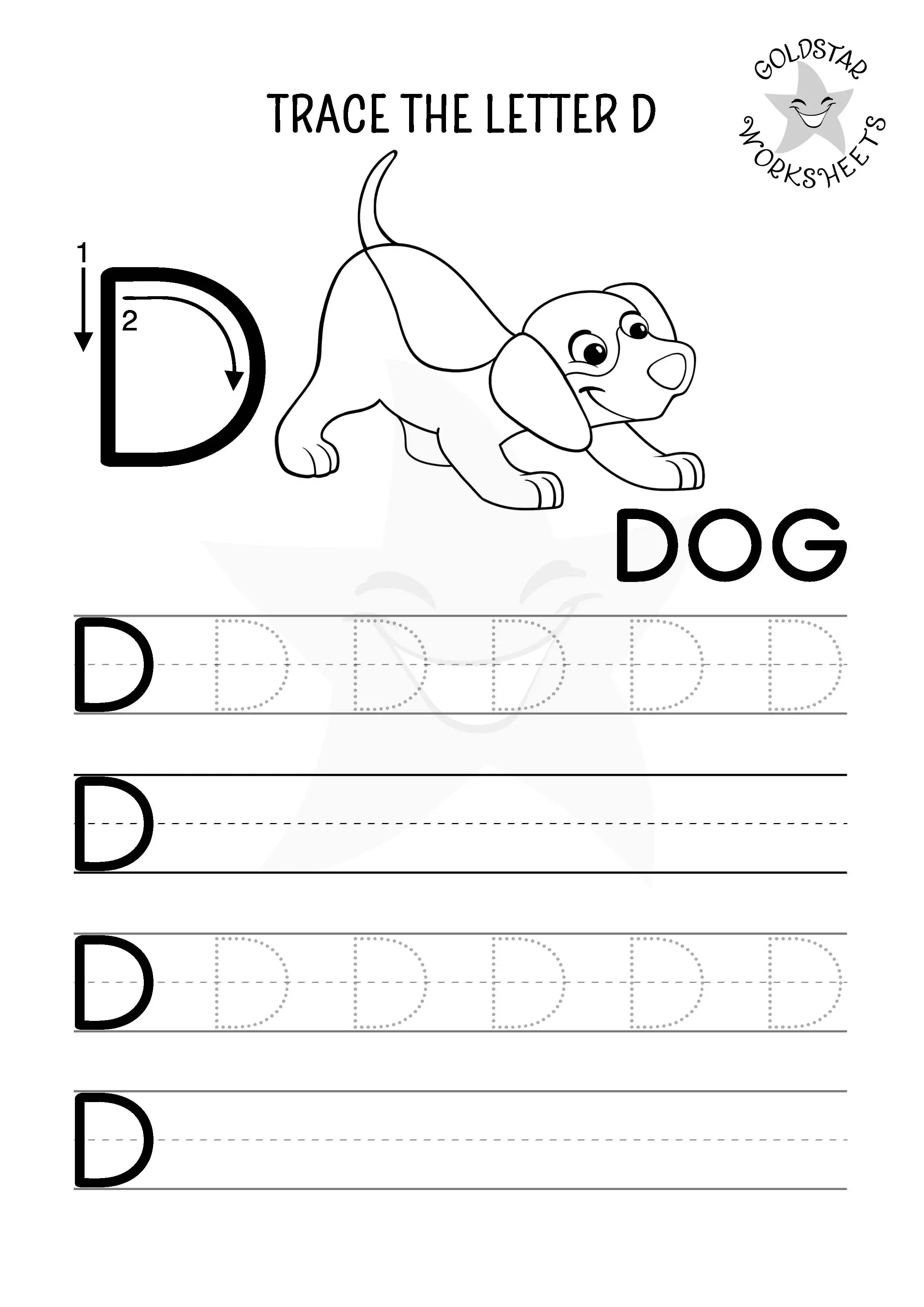Trace and write uppercase D worksheet with friendly dog. Designed for kids to color.