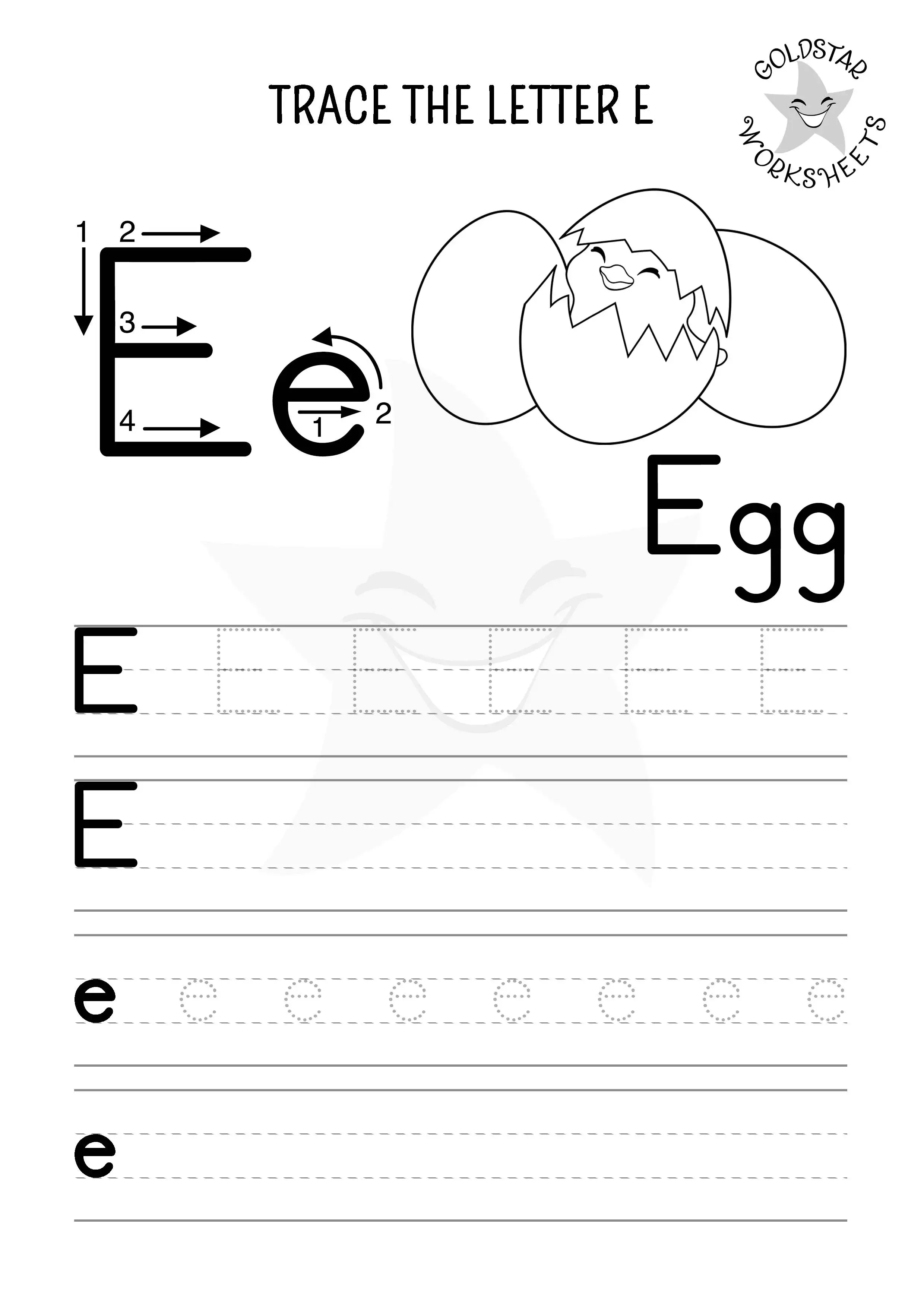 E for Egg– Mixed case E trace and write worksheet with black and white coloring areas for early learners.