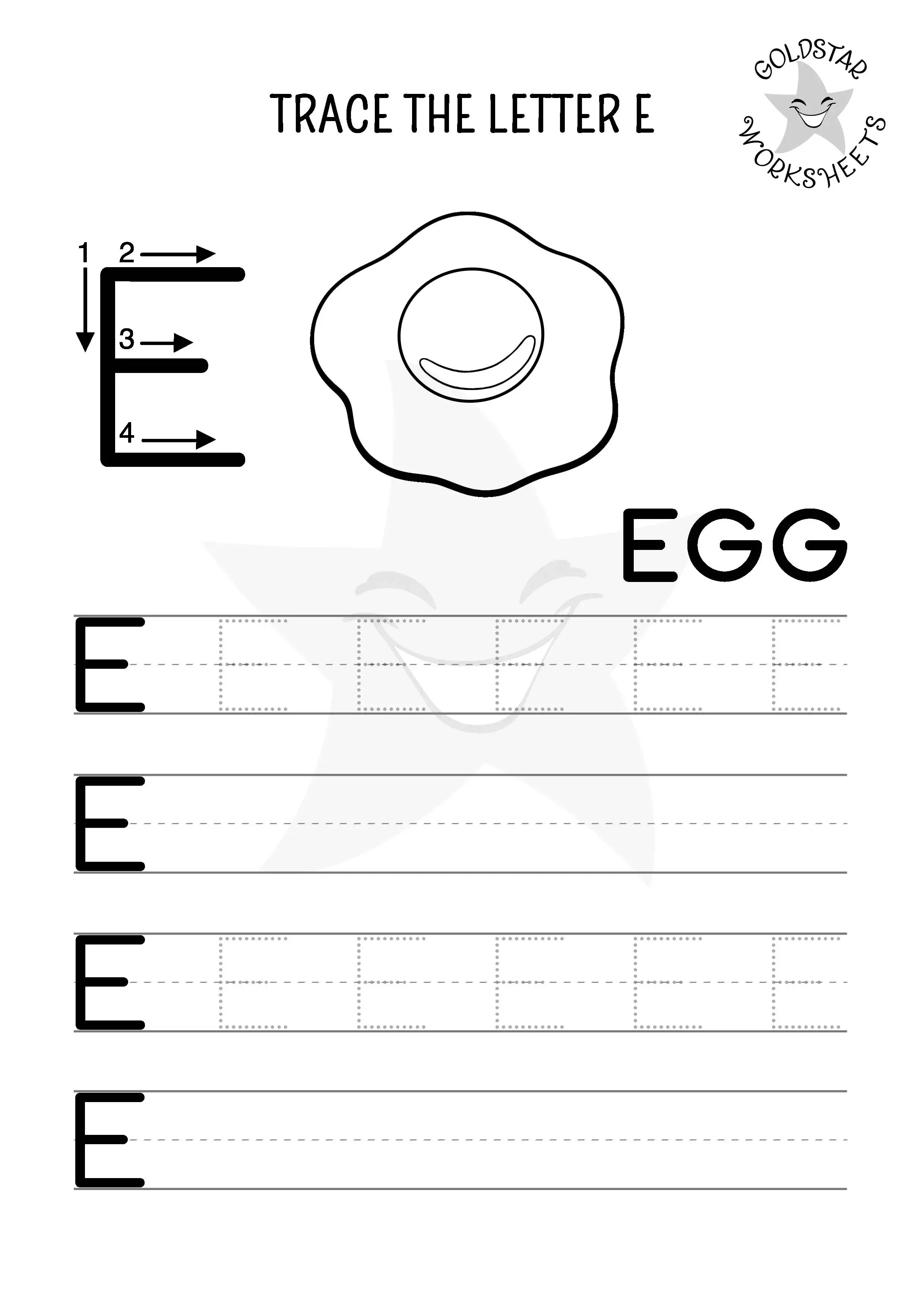 Trace and write uppercase E for egg. Designed for kids to color.