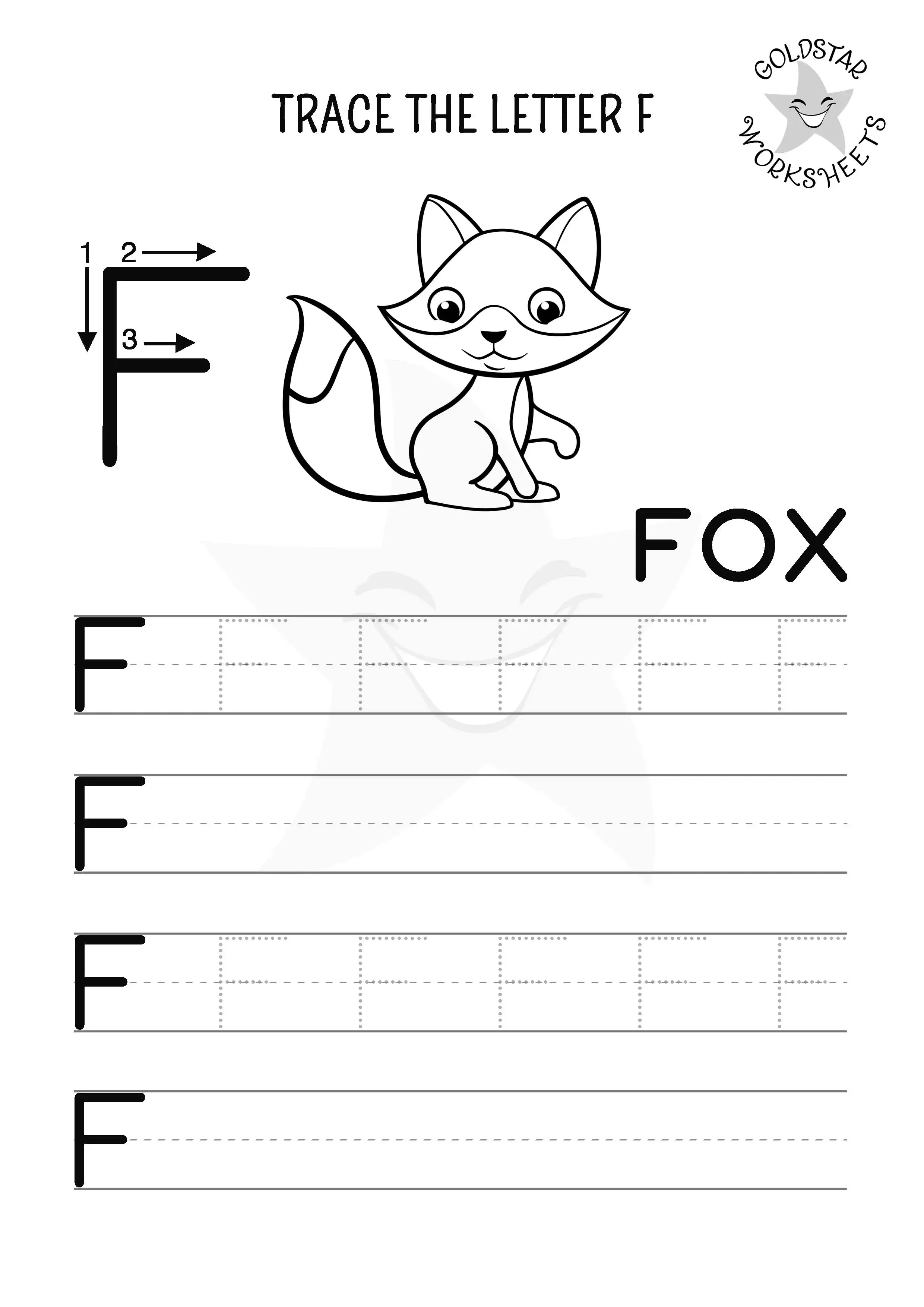 Free printable capital letter F trace and write worksheet with fox - Designed for coloring