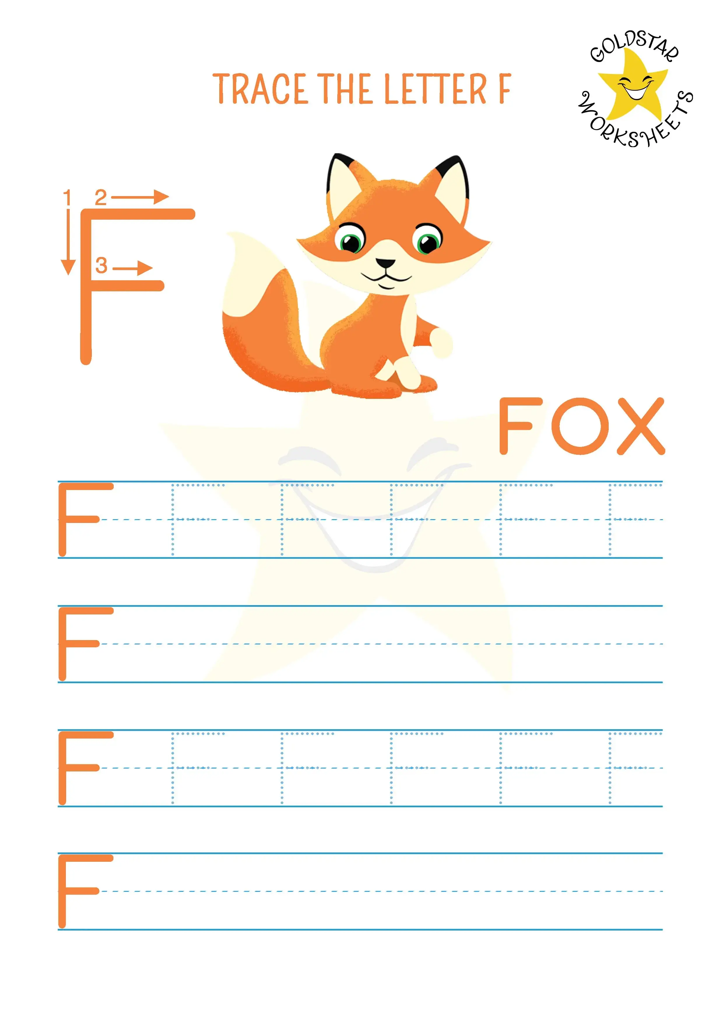 Free printable capital letter F trace and write worksheet with fearless orange fox