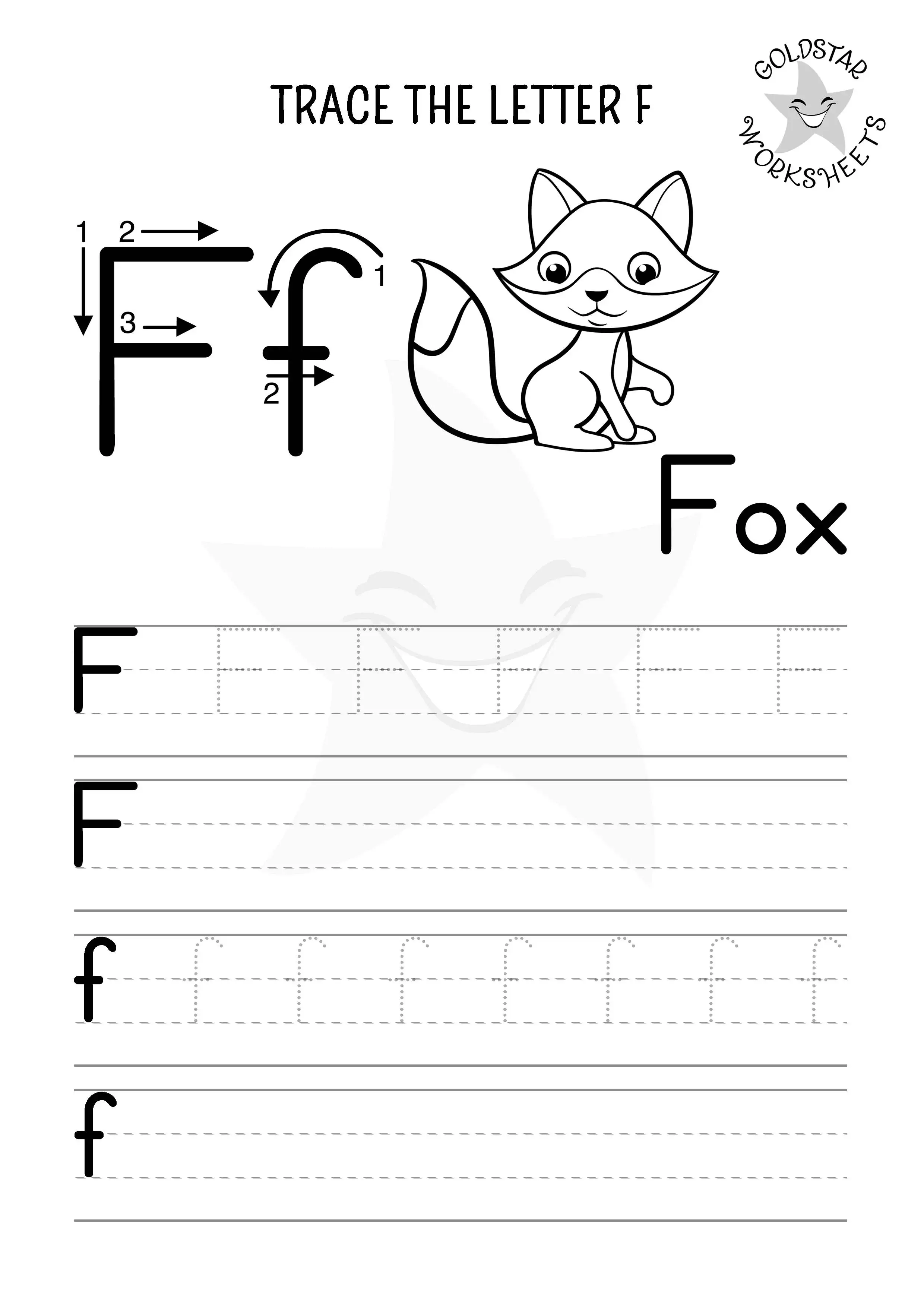 F for Fox – Letter F trace and write page in black and white, includes uppercase and lowercase letters to trace and a picture to color.
