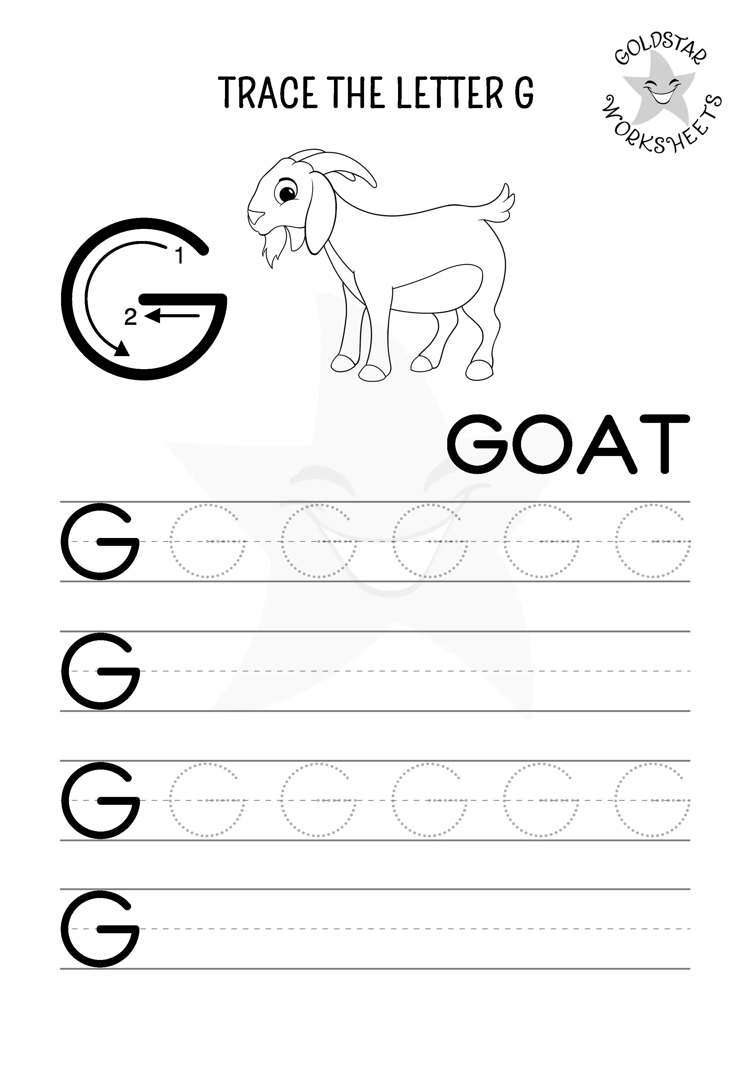 Capital letter G trace and write worksheet featuring a friendly goat for kids to color