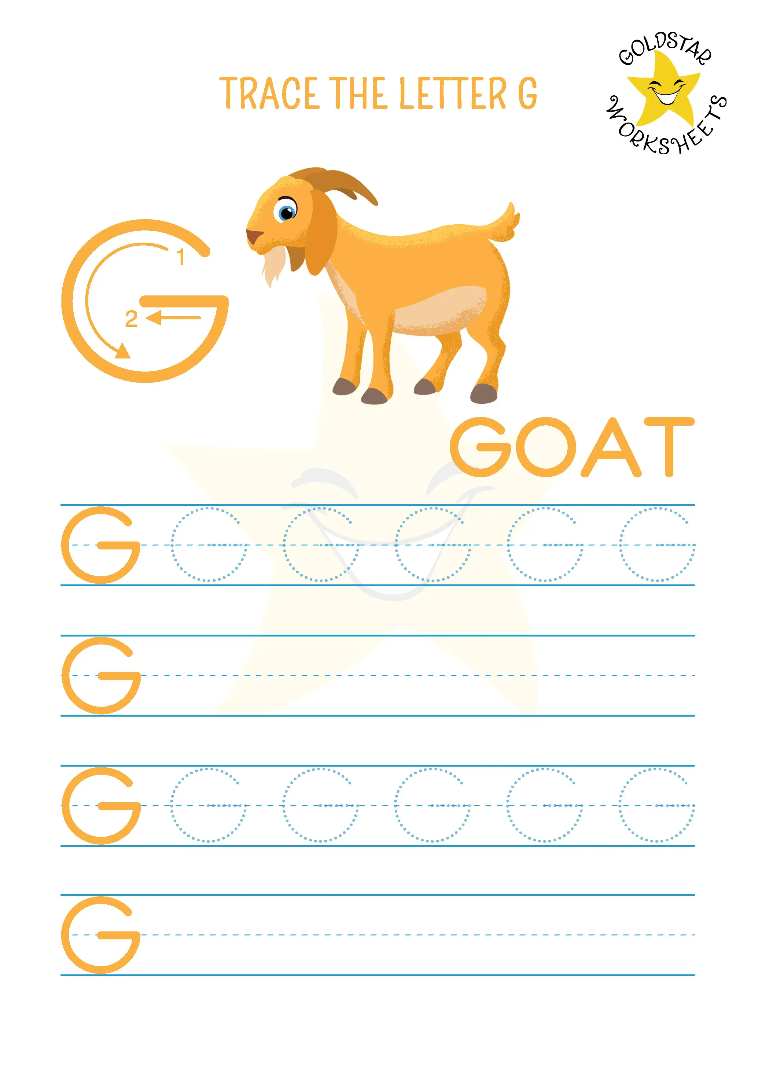 Capital Letter G tracing worksheet featuring a shy goat