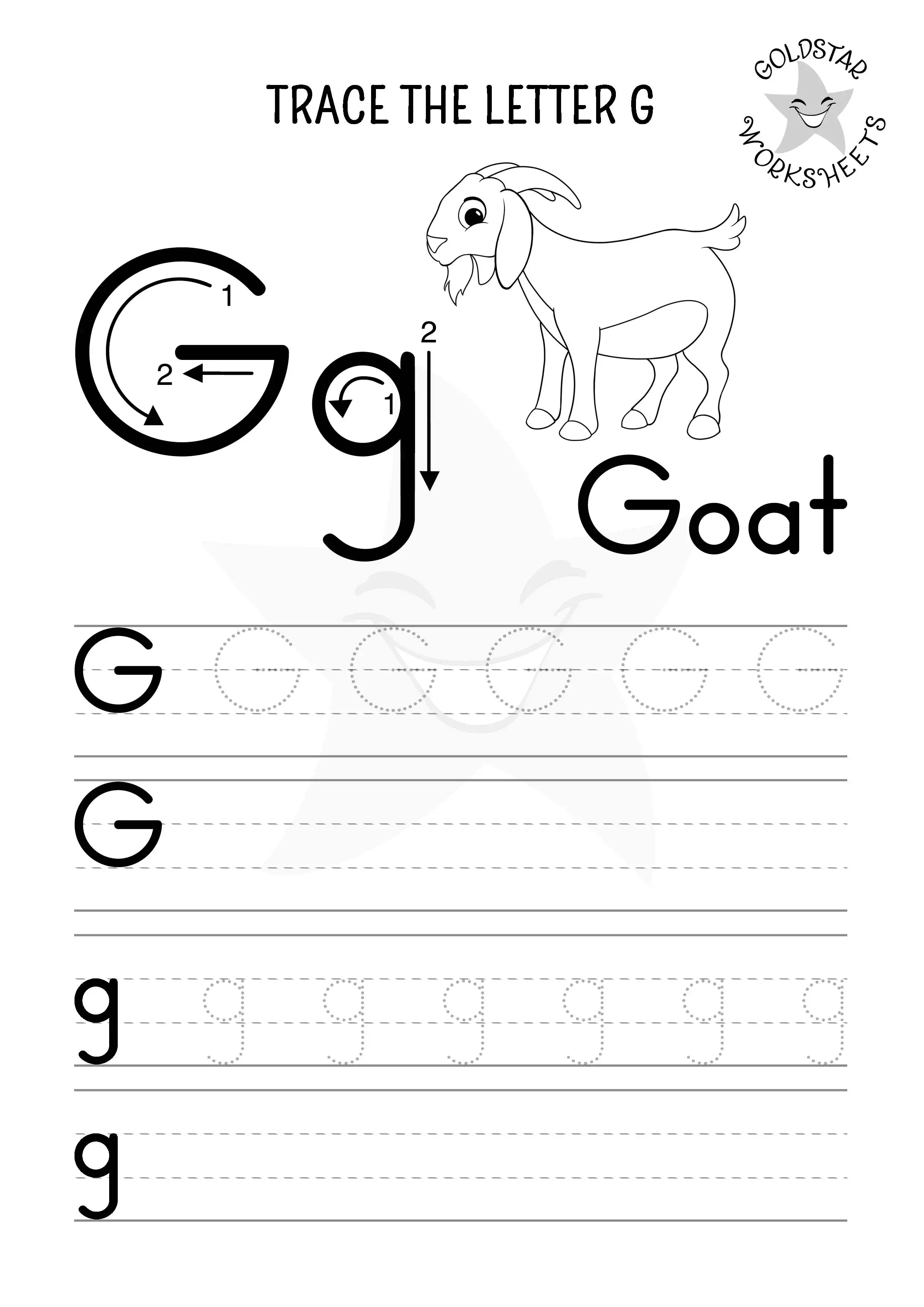 G for Goat – Uppercase and lowercase G tracing and writing worksheet with a picture for kids to color