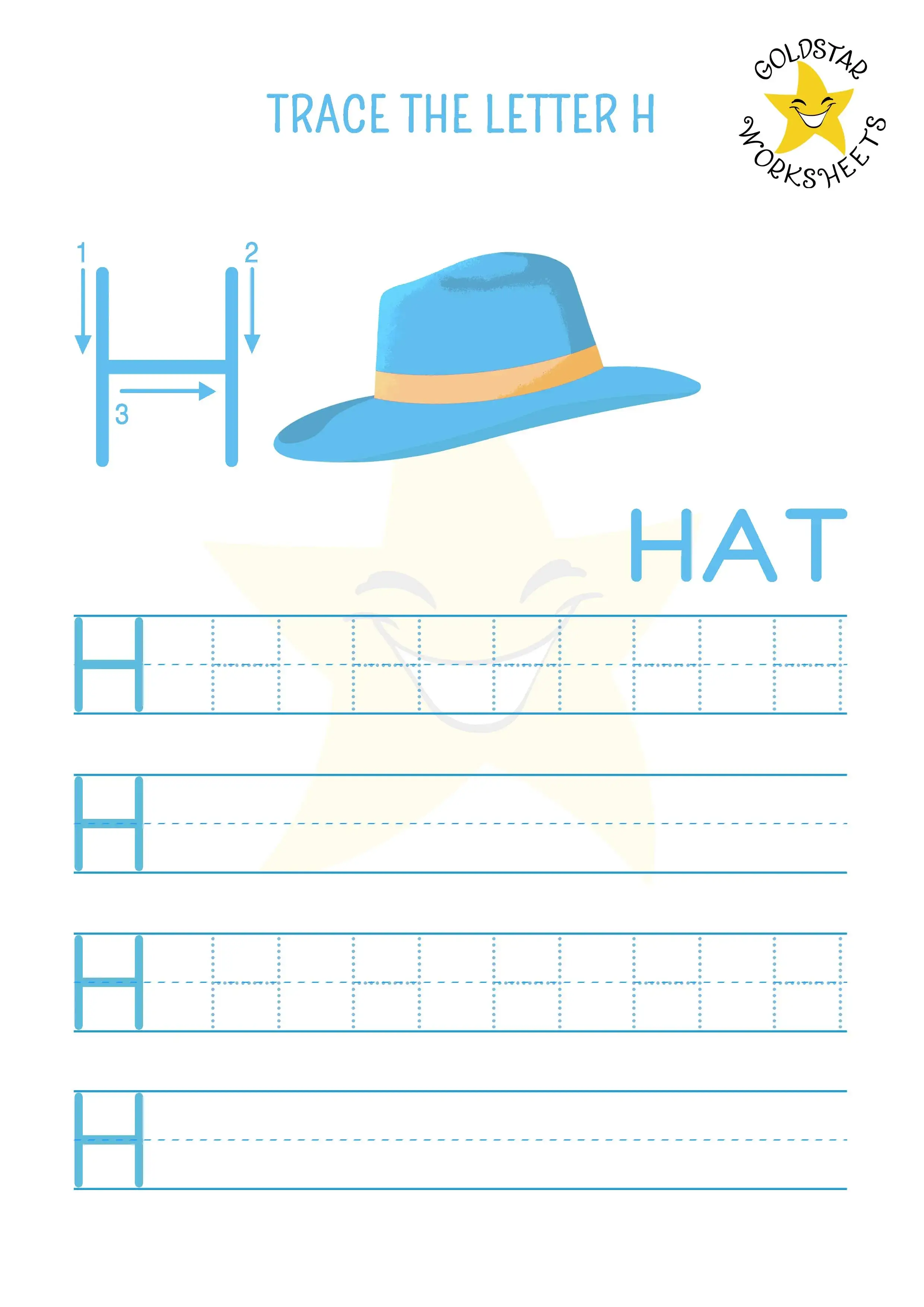 Uppercase letter H tracing worksheet with a cool hat