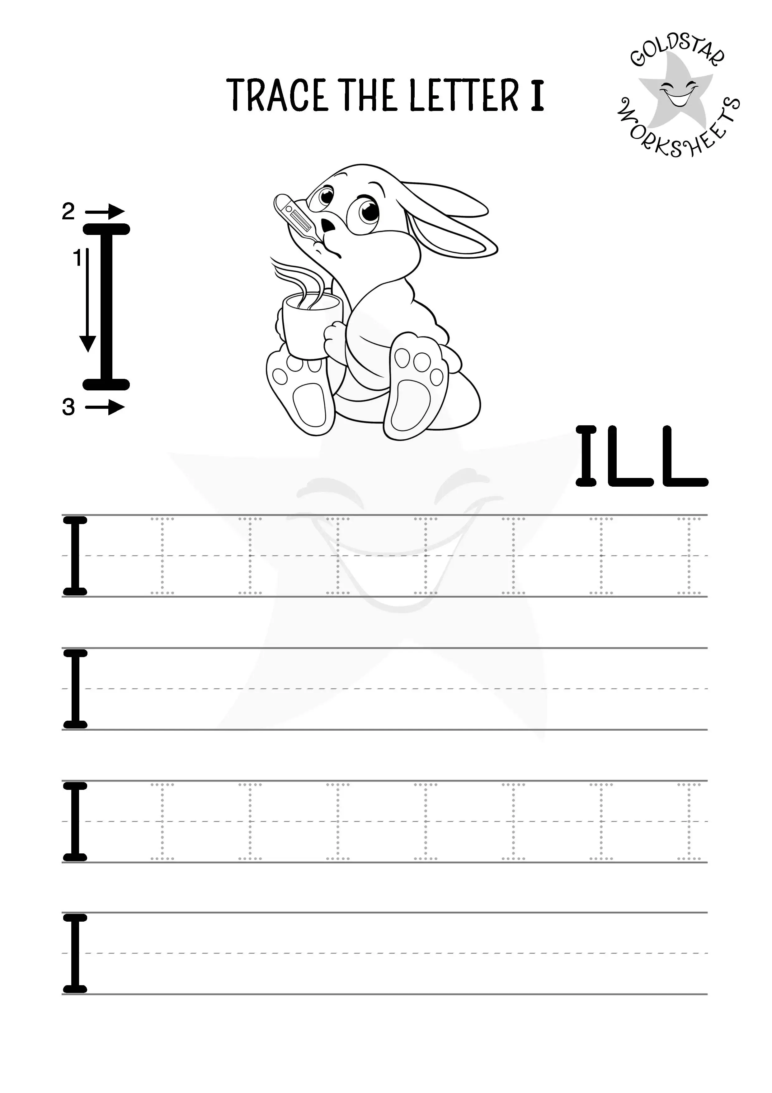 Trace and write uppercase I practice - black and white version for kids to color. I for ill with cute bunny.