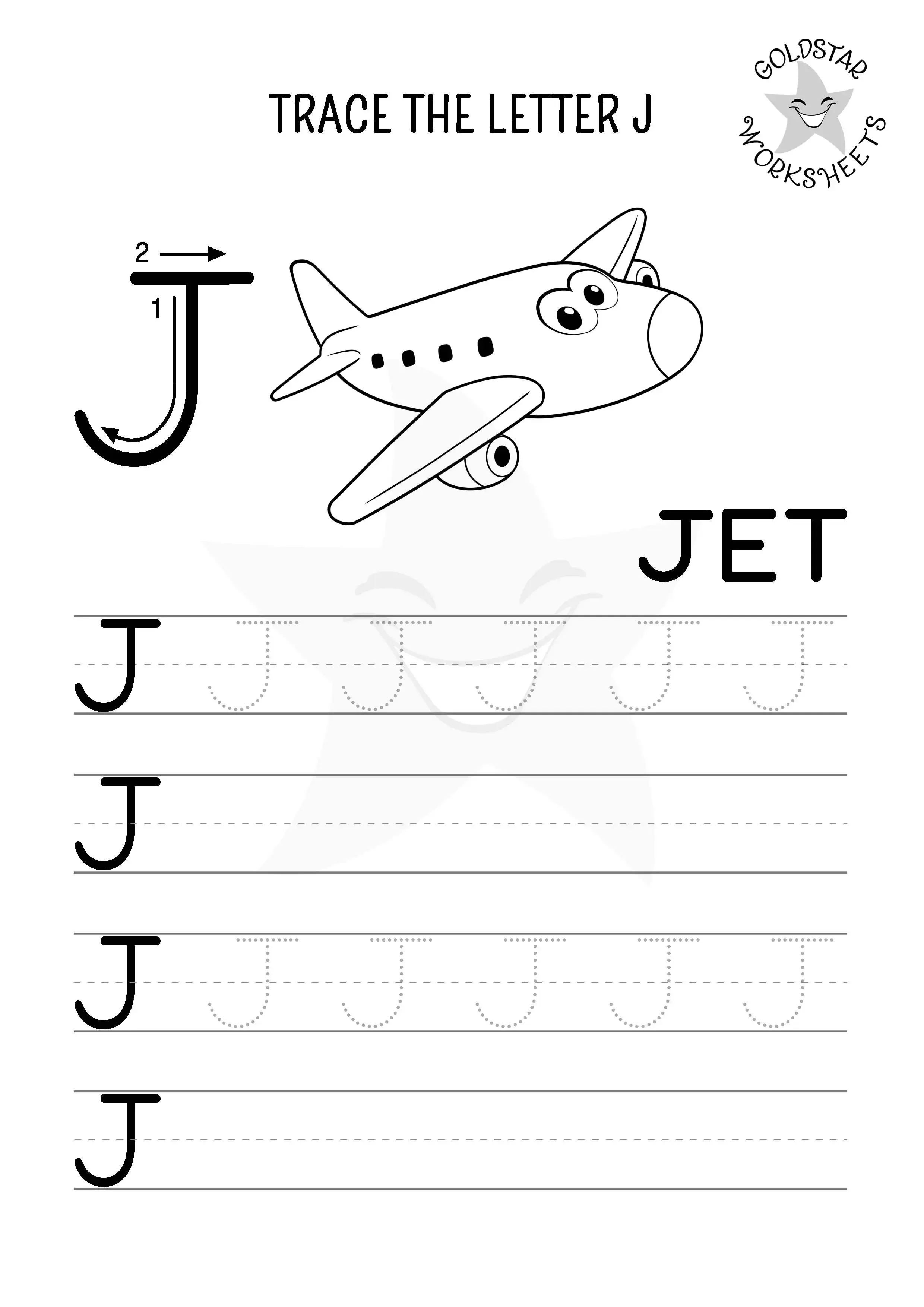 Uppercase letter J trace and write worksheet with a cool jet - black and white for kids to color