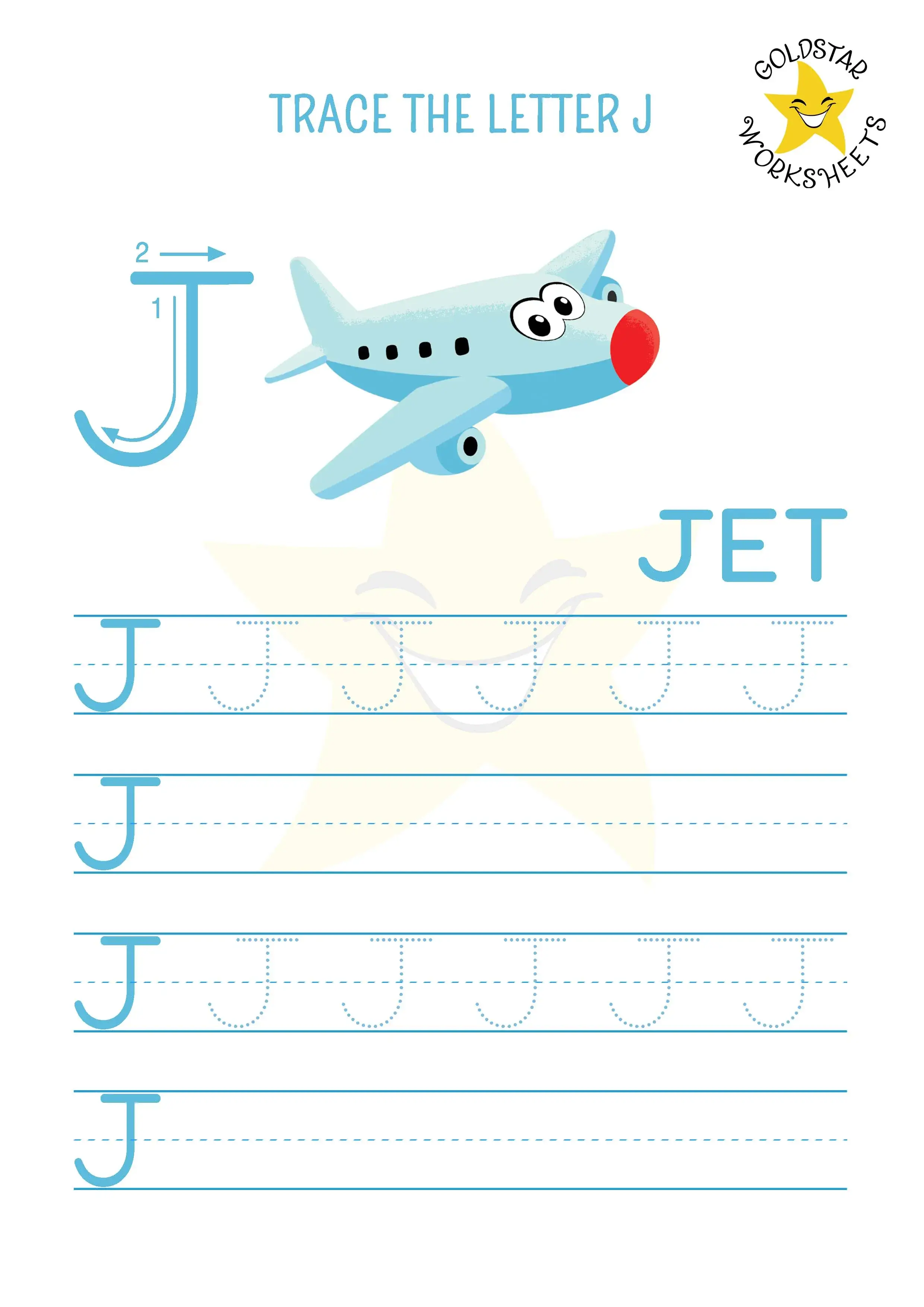 Uppercase letter J tracing worksheet with a cool jet