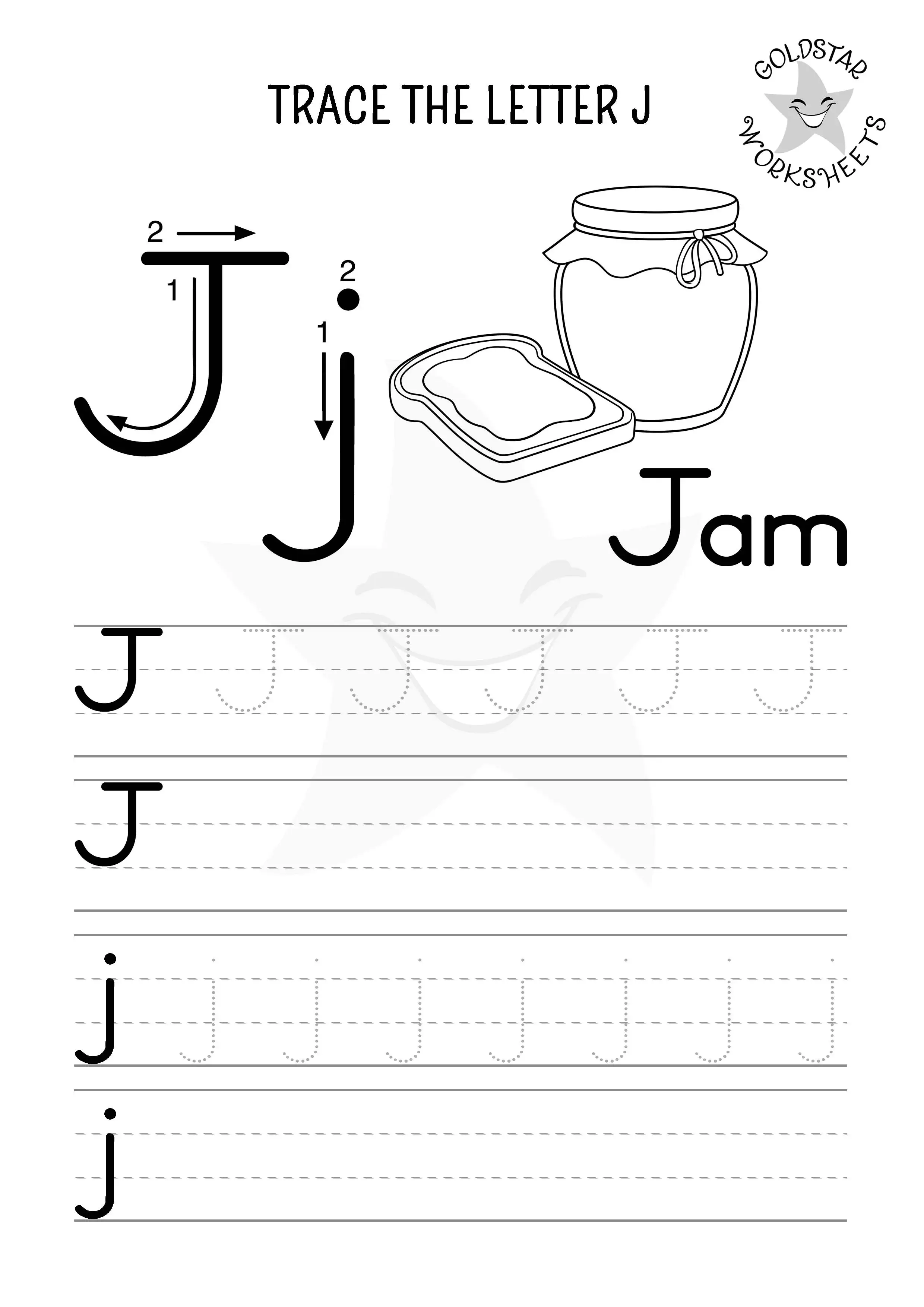 J for Jam– Letter J trace and write sheet with mixed case letters and coloring for kids.