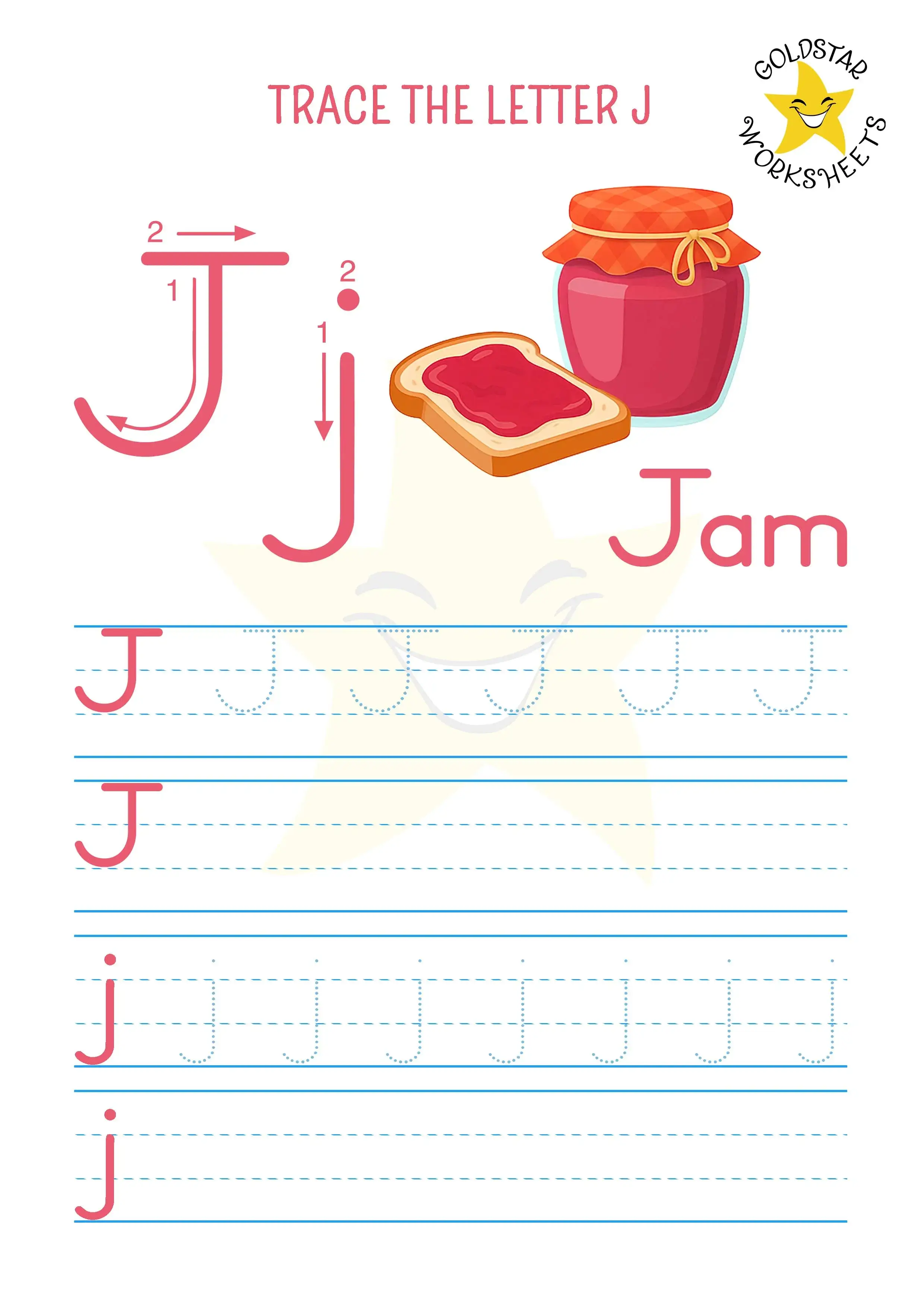 J for Jam - Upper and lowercase tracing and writing worksheet