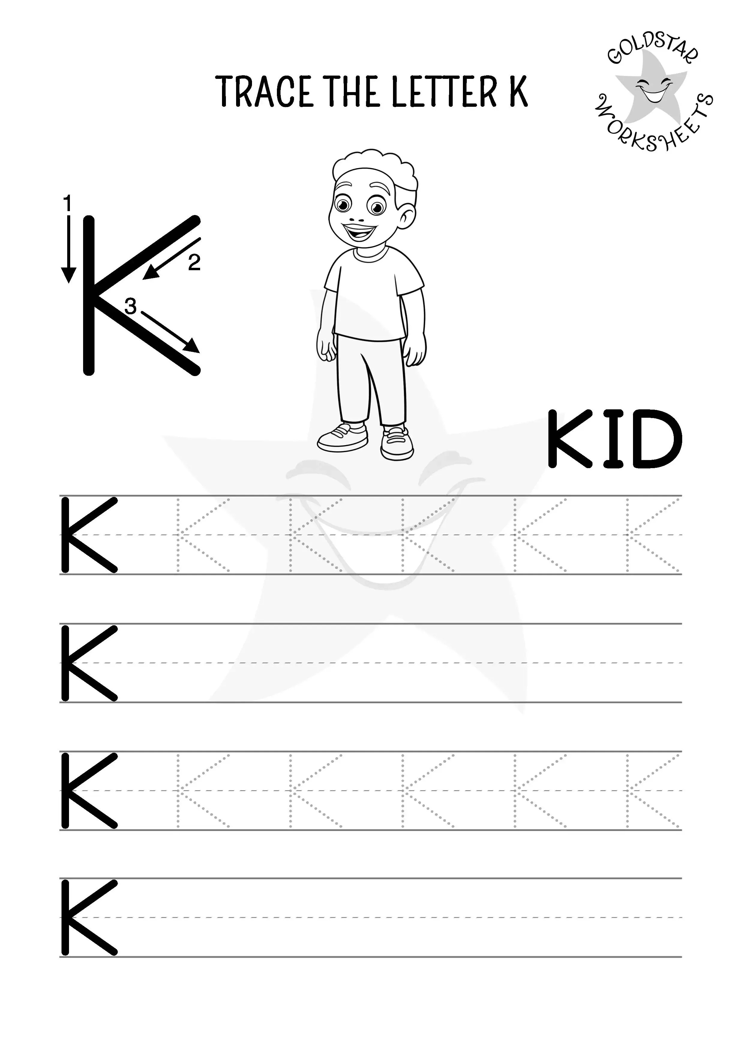 Trace and write letter K uppercase worksheet with cool kid. Designed for kids to color in. 