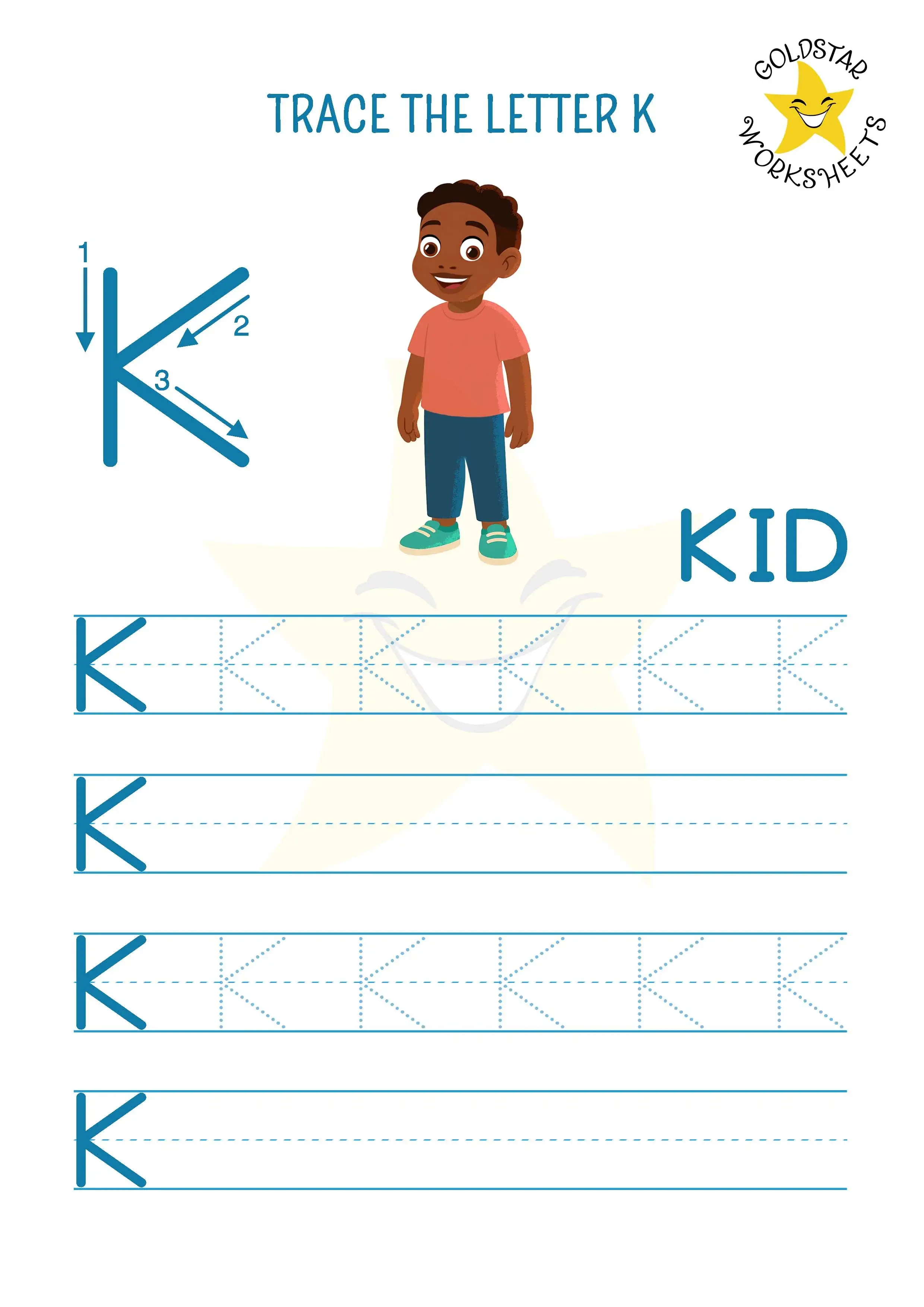 Trace the letter K uppercase worksheet with cool kid