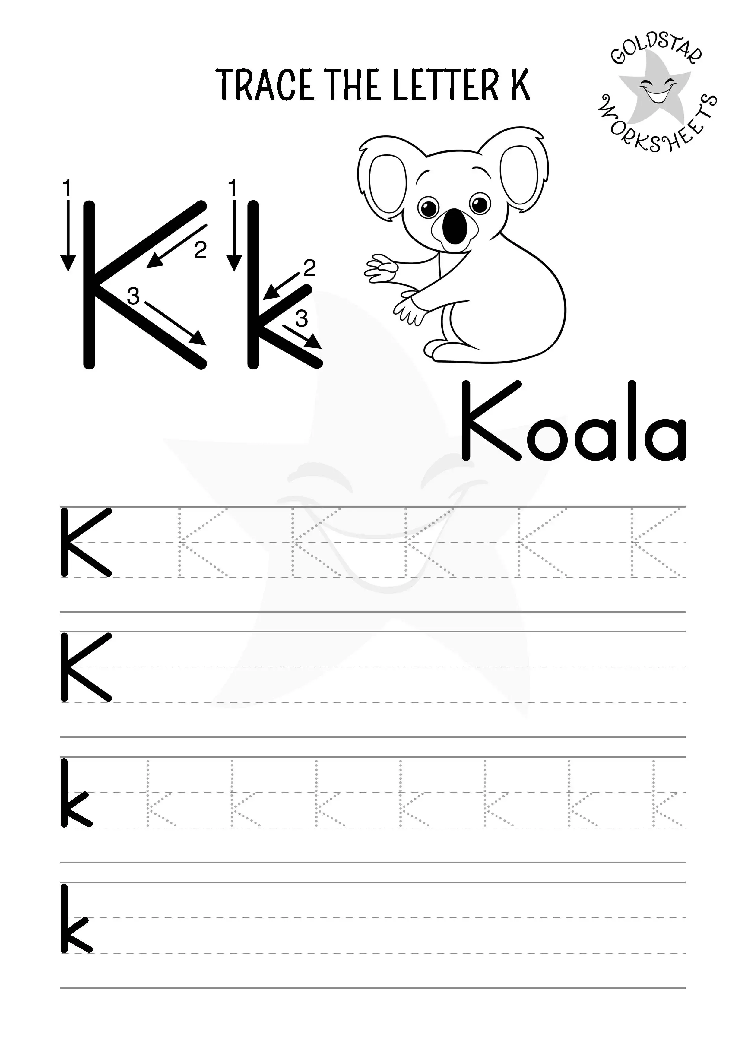 K for Koala– Letter K trace and write worksheet with uppercase and lowercase letters. Includes a picture to color in. 