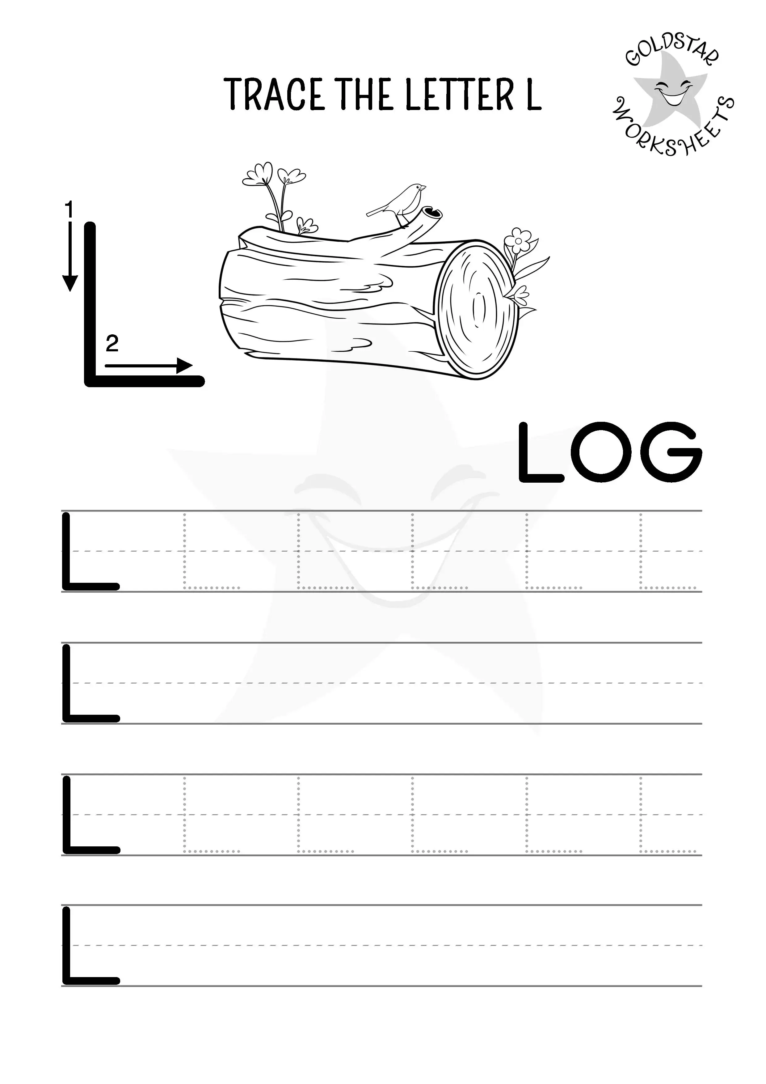 Free printable uppercase letter L trace and write worksheet with log scene - Designed for kids to color in 