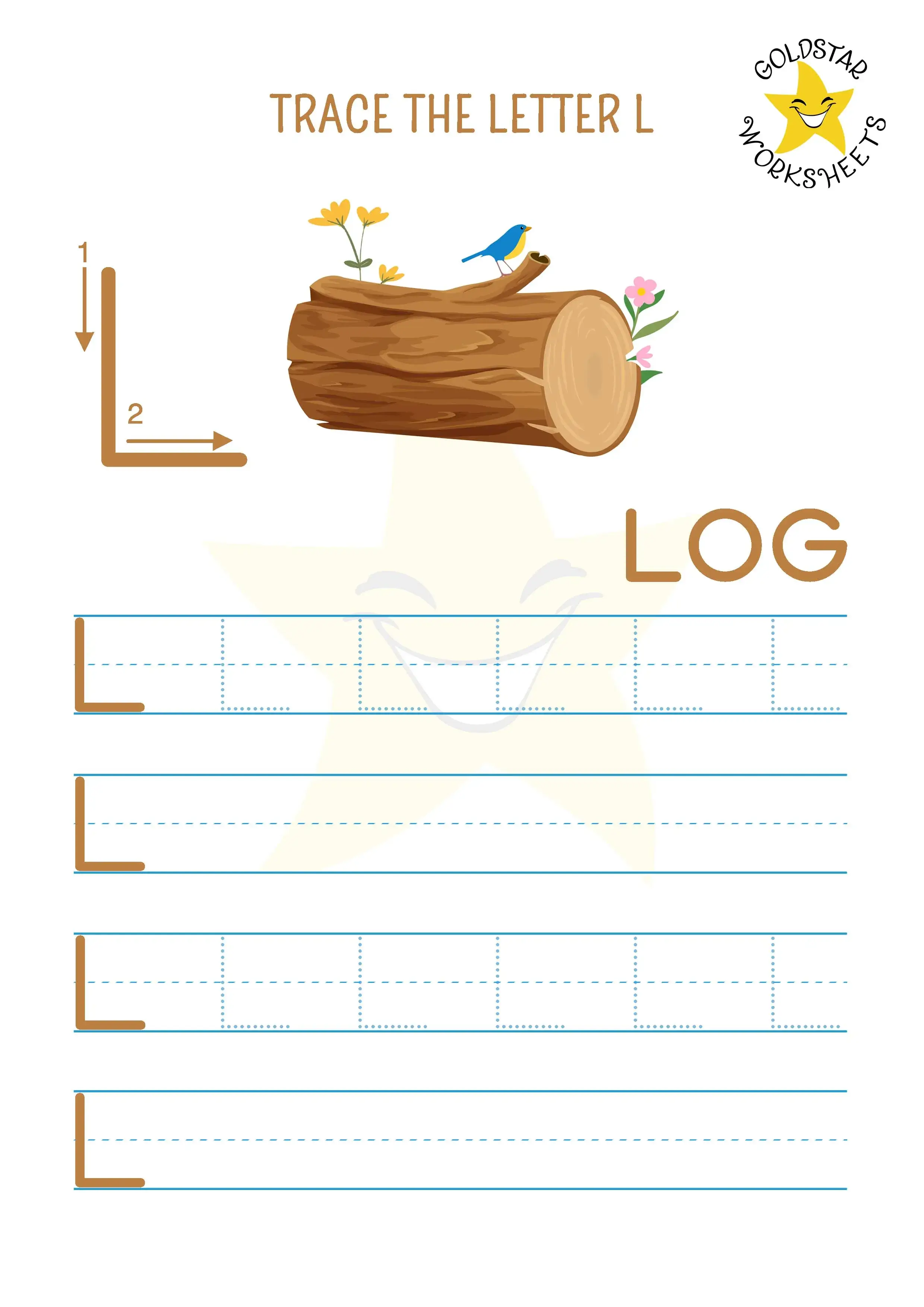 Free printable uppercase letter L trace and write worksheet with log