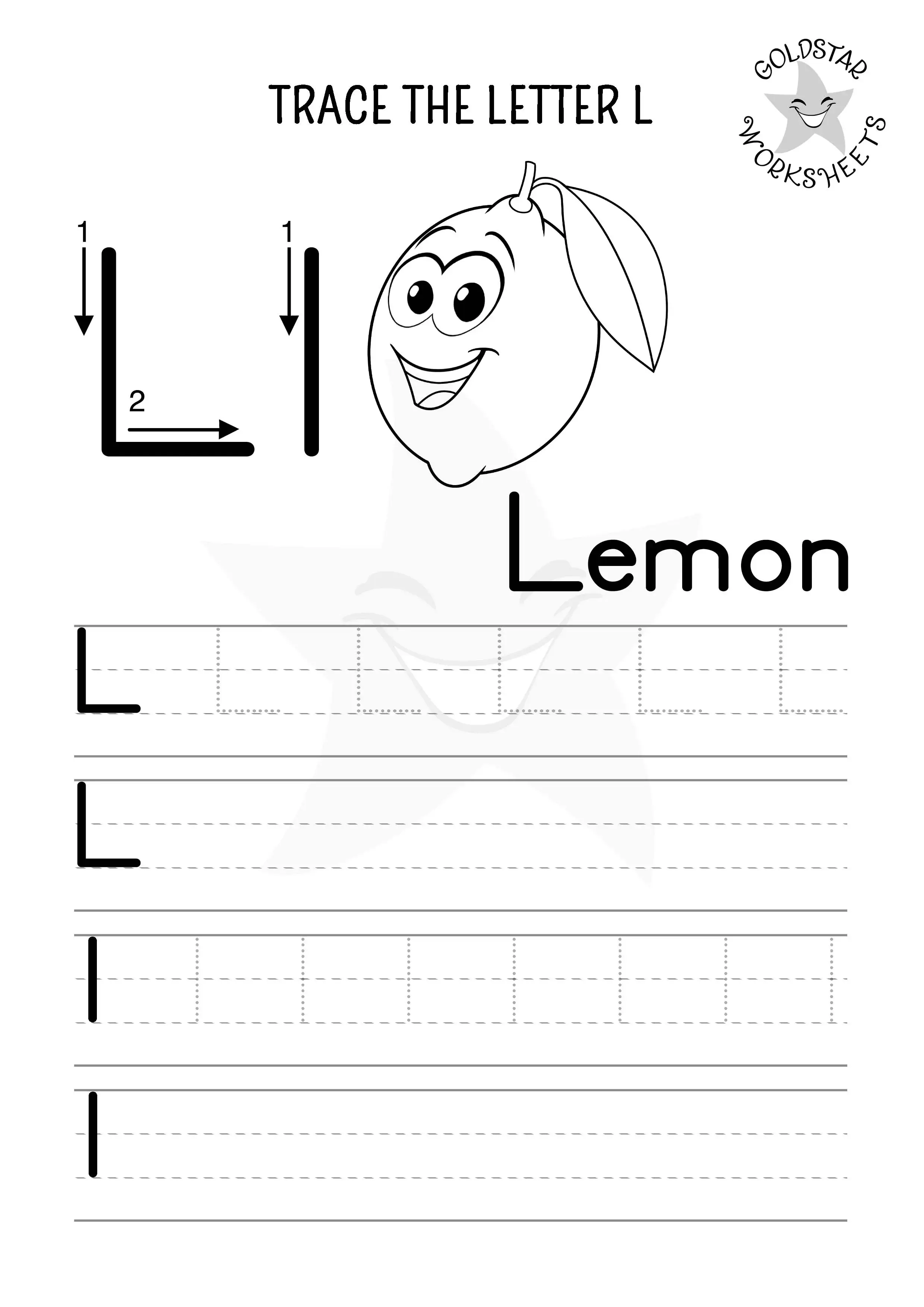 L for Lemon– Mixed case L tracing and writing worksheet with large outlines perfect for coloring.