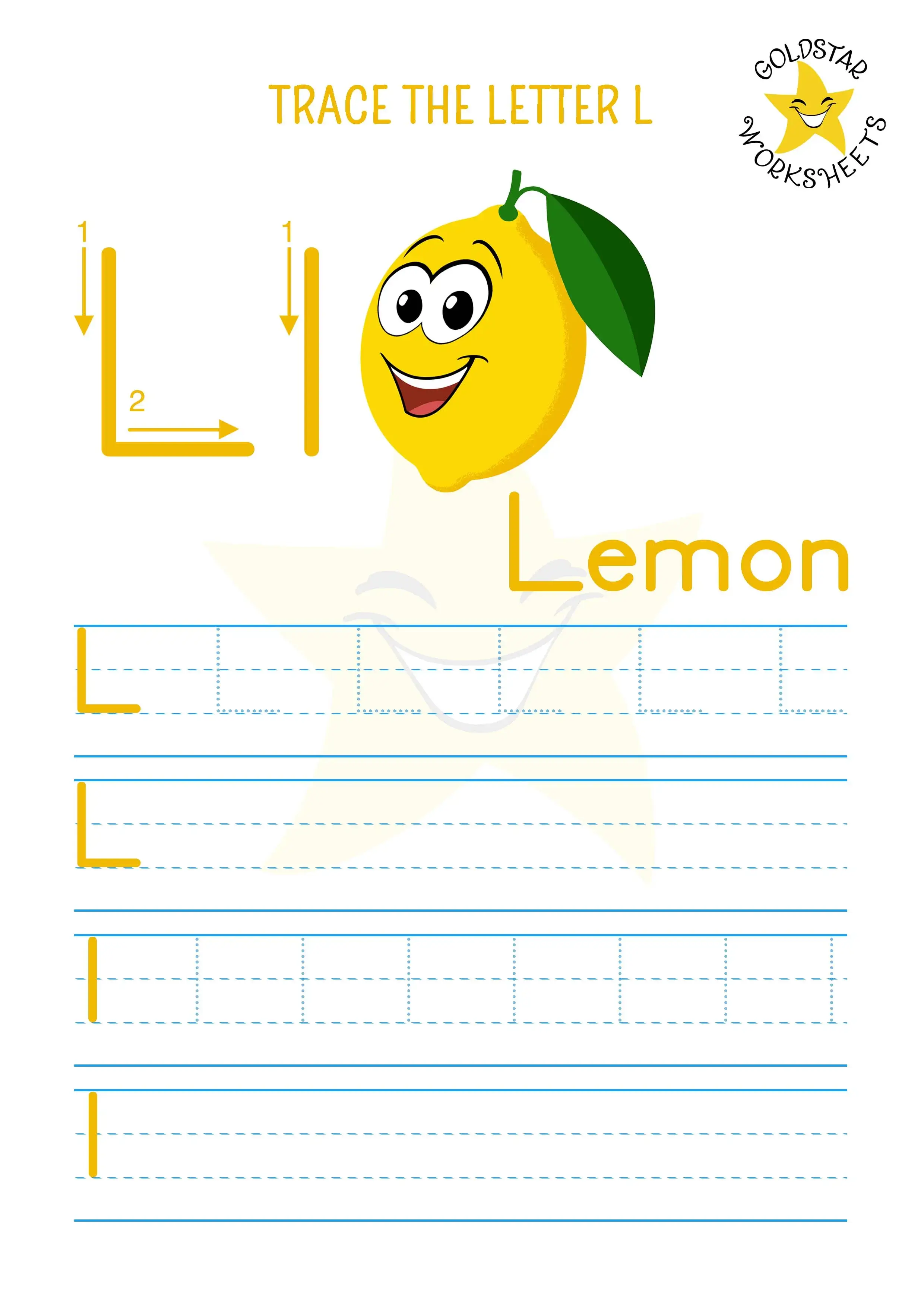 L for lemon - Free PDF upper and lowercase letter L trace and write worksheet