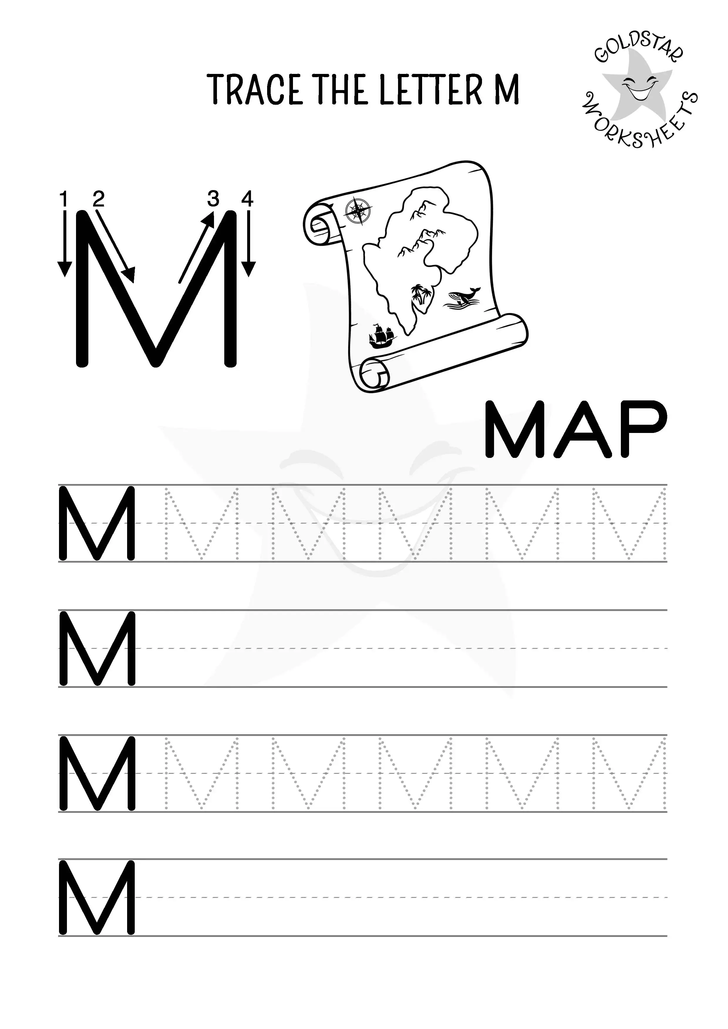 Capital letter M trace and write worksheet with a Map - Black and white so kids can color in the picture