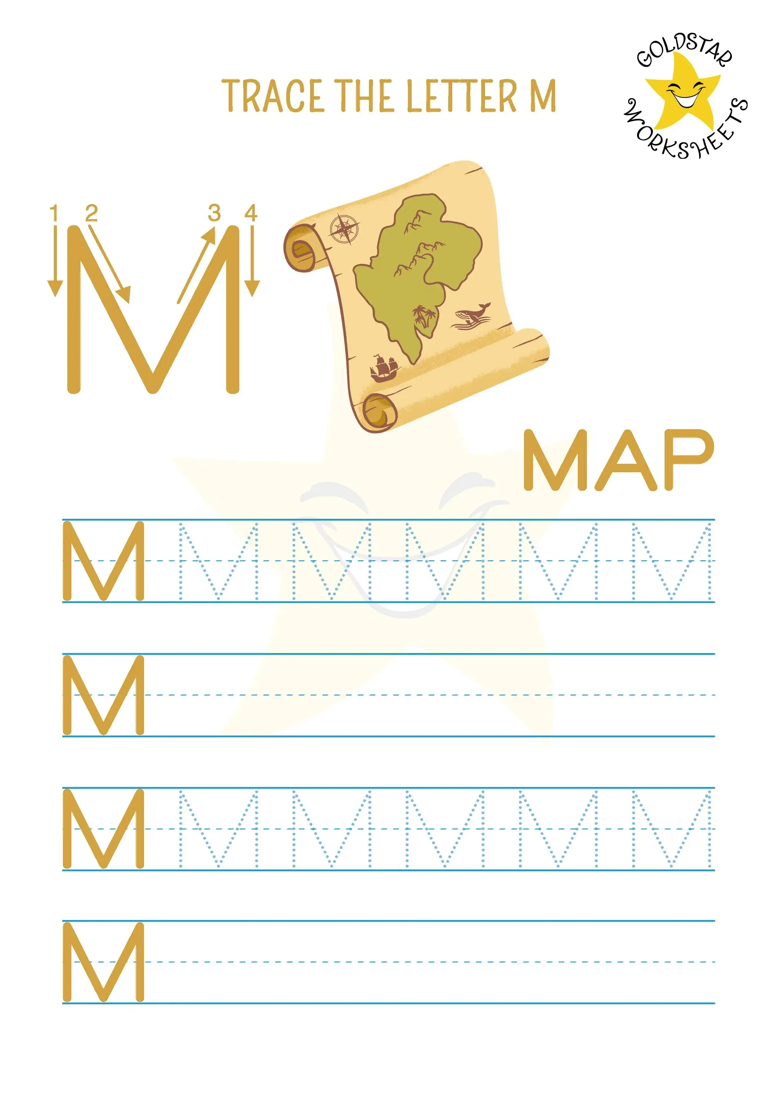 Capital letter M trace and write worksheet with a Map