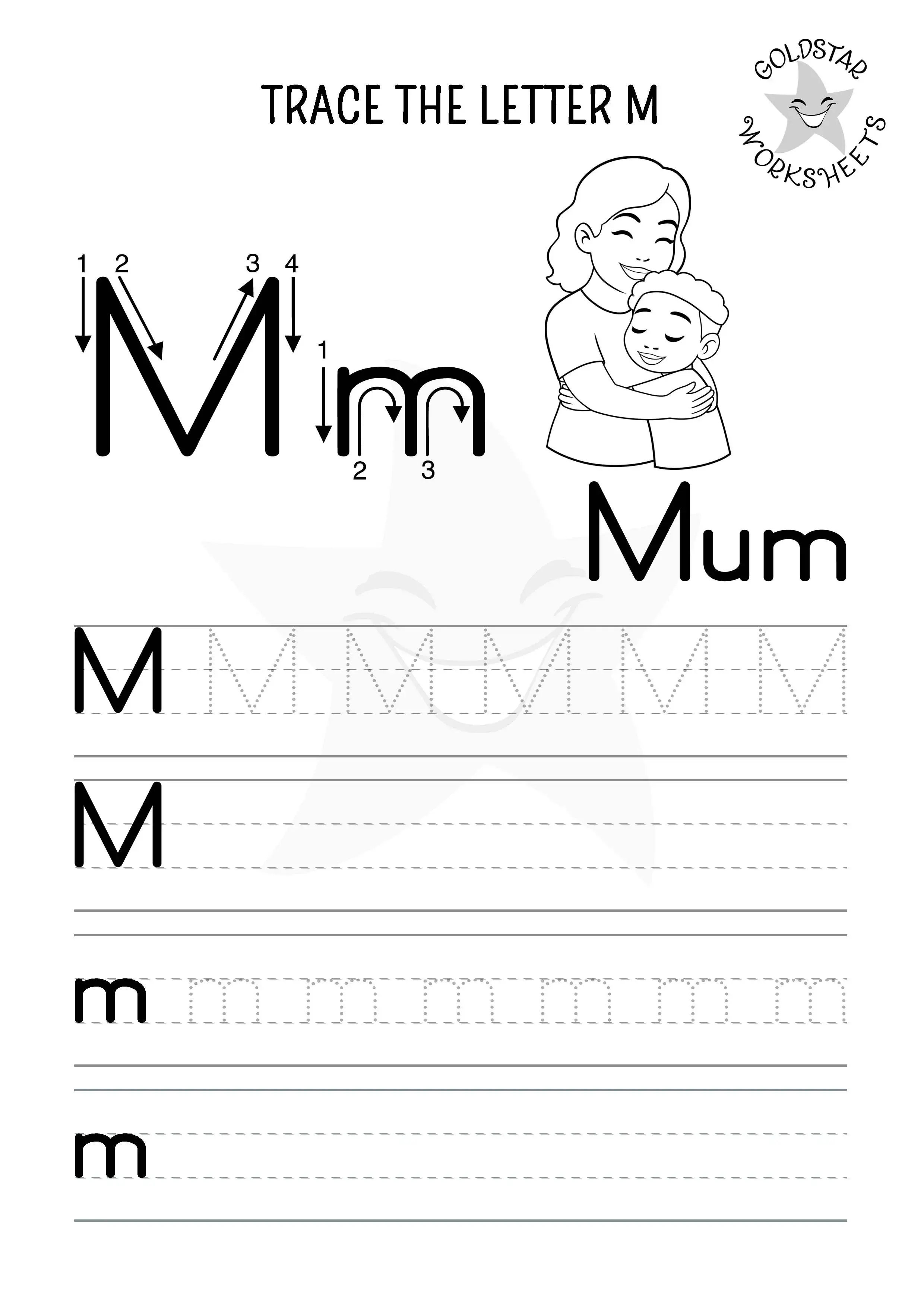 M for Mum – Letter M trace and write page with uppercase and lowercase. Designed for kids to color.