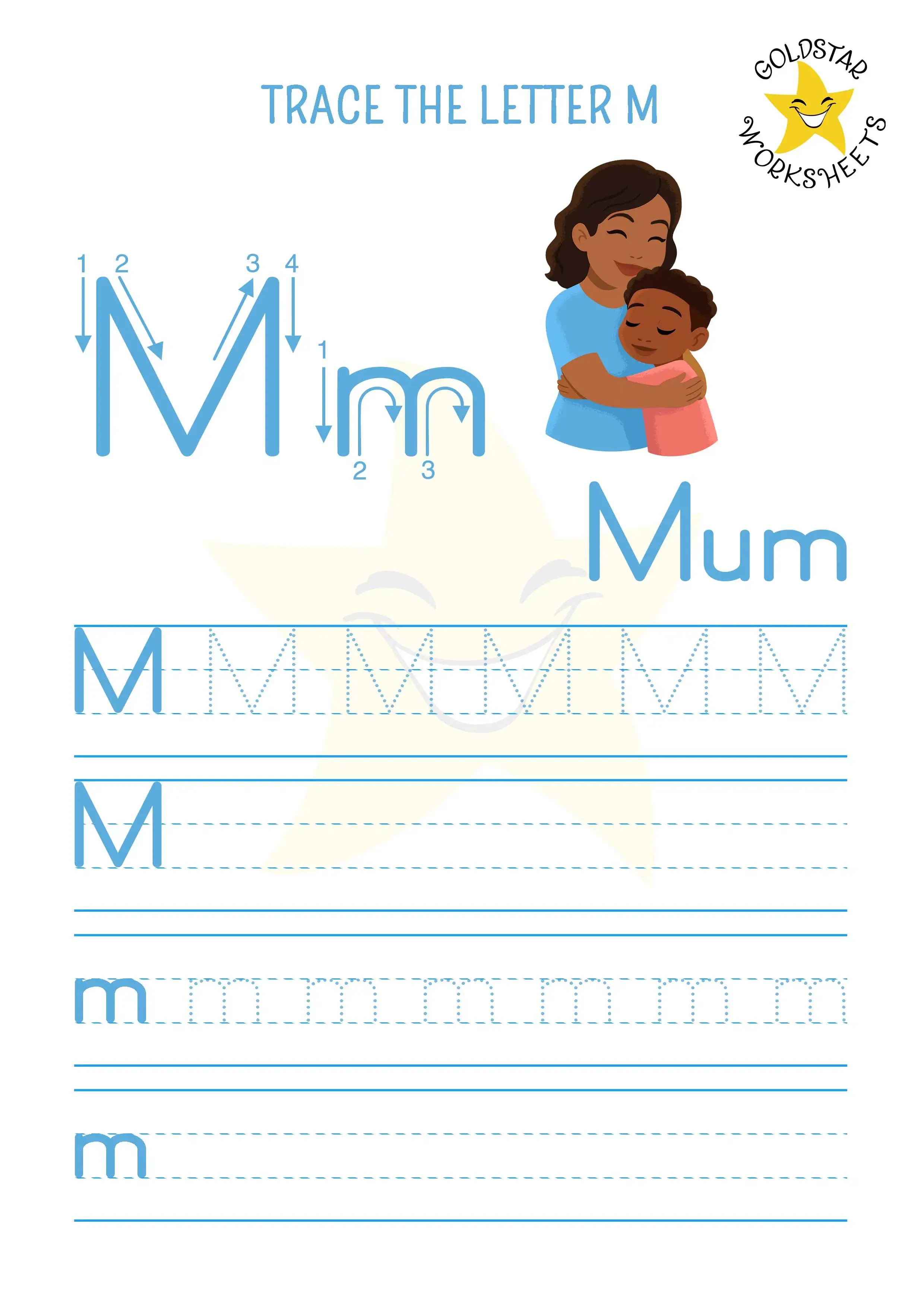 M for Mum - Uppercase and lowercase M tracing and writing worksheet
