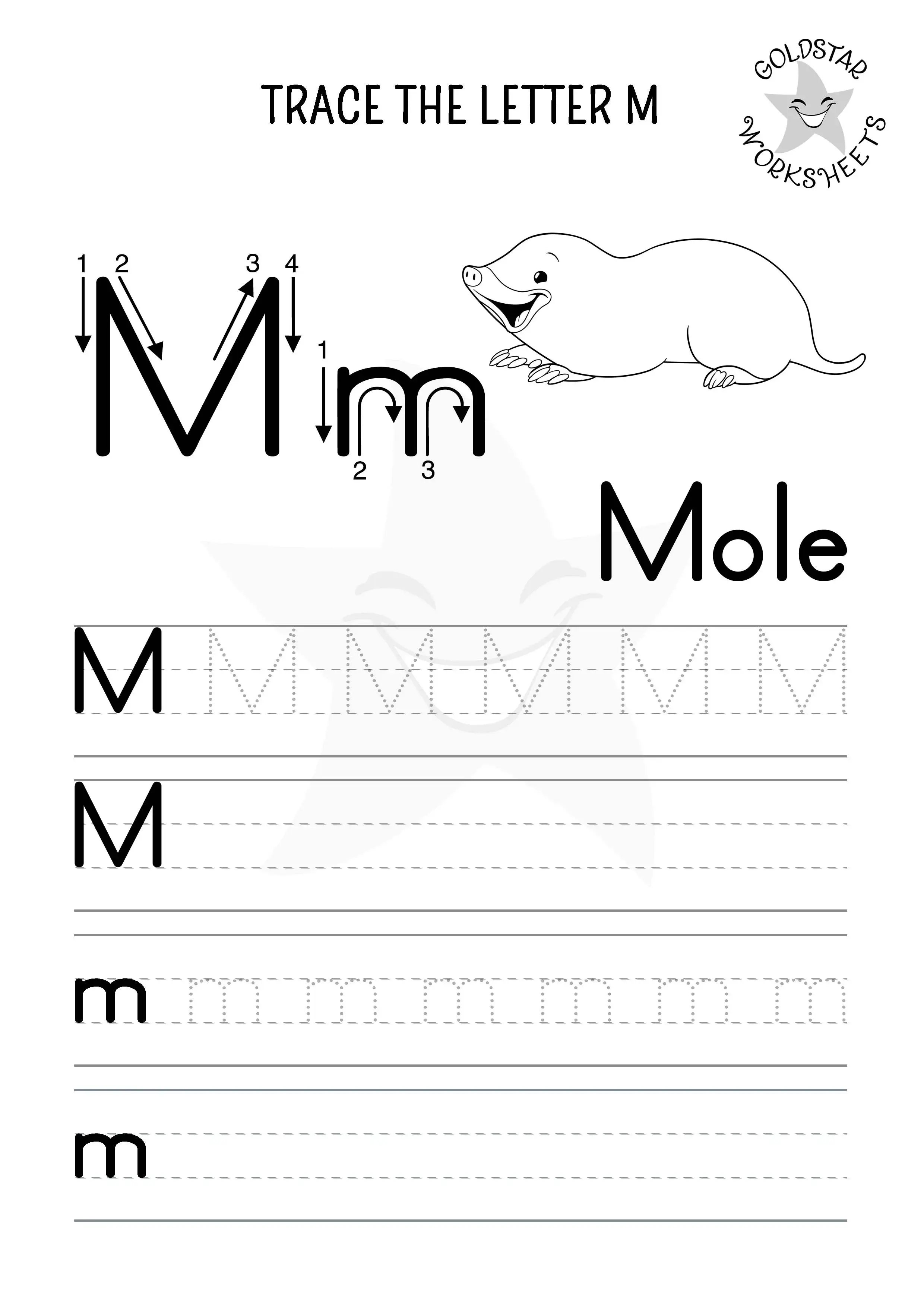 M for Mole – Letter M trace and write page with uppercase and lowercase. Designed for kids to color.