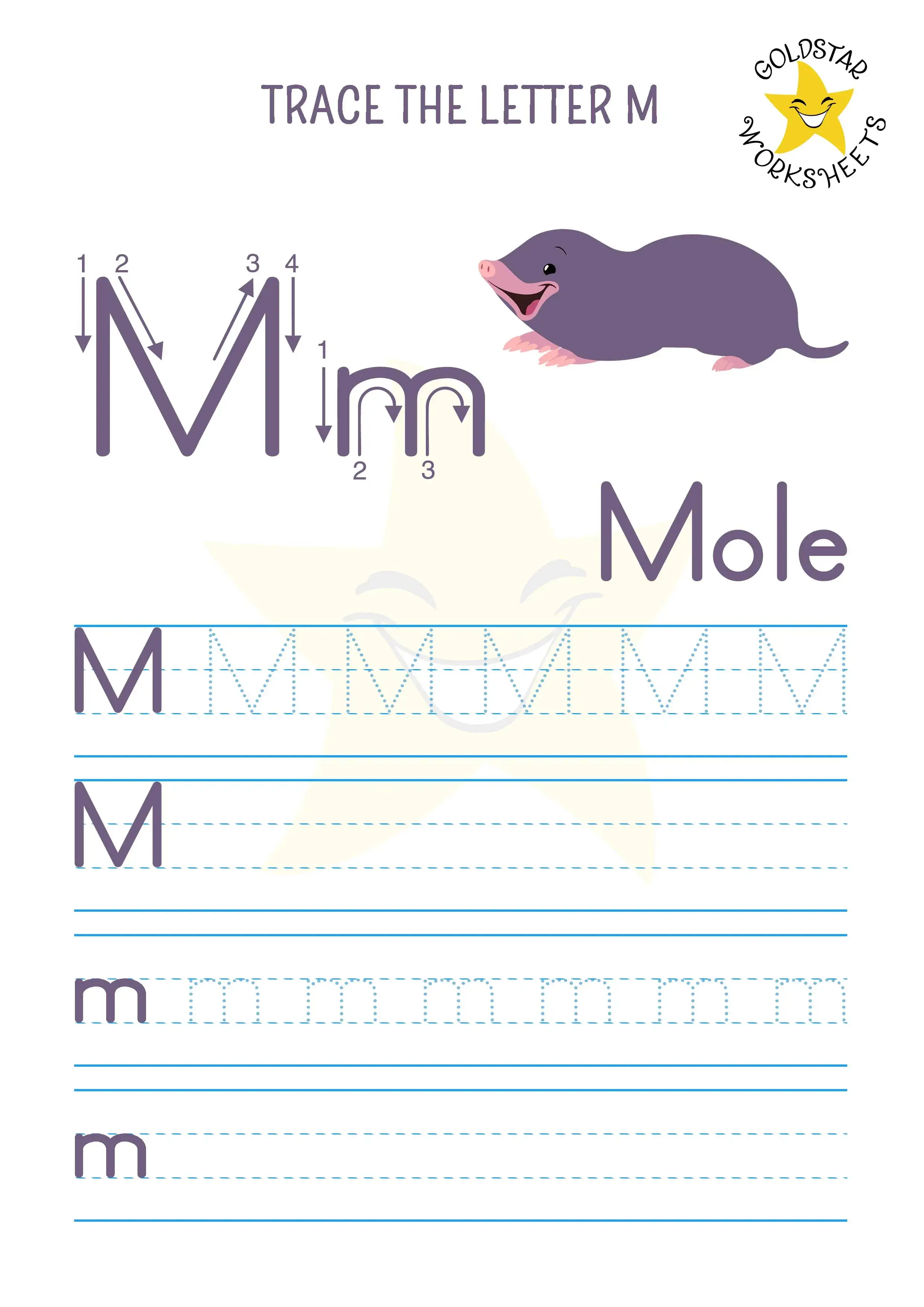 M for Mole - Uppercase and lowercase M tracing and writing worksheet
