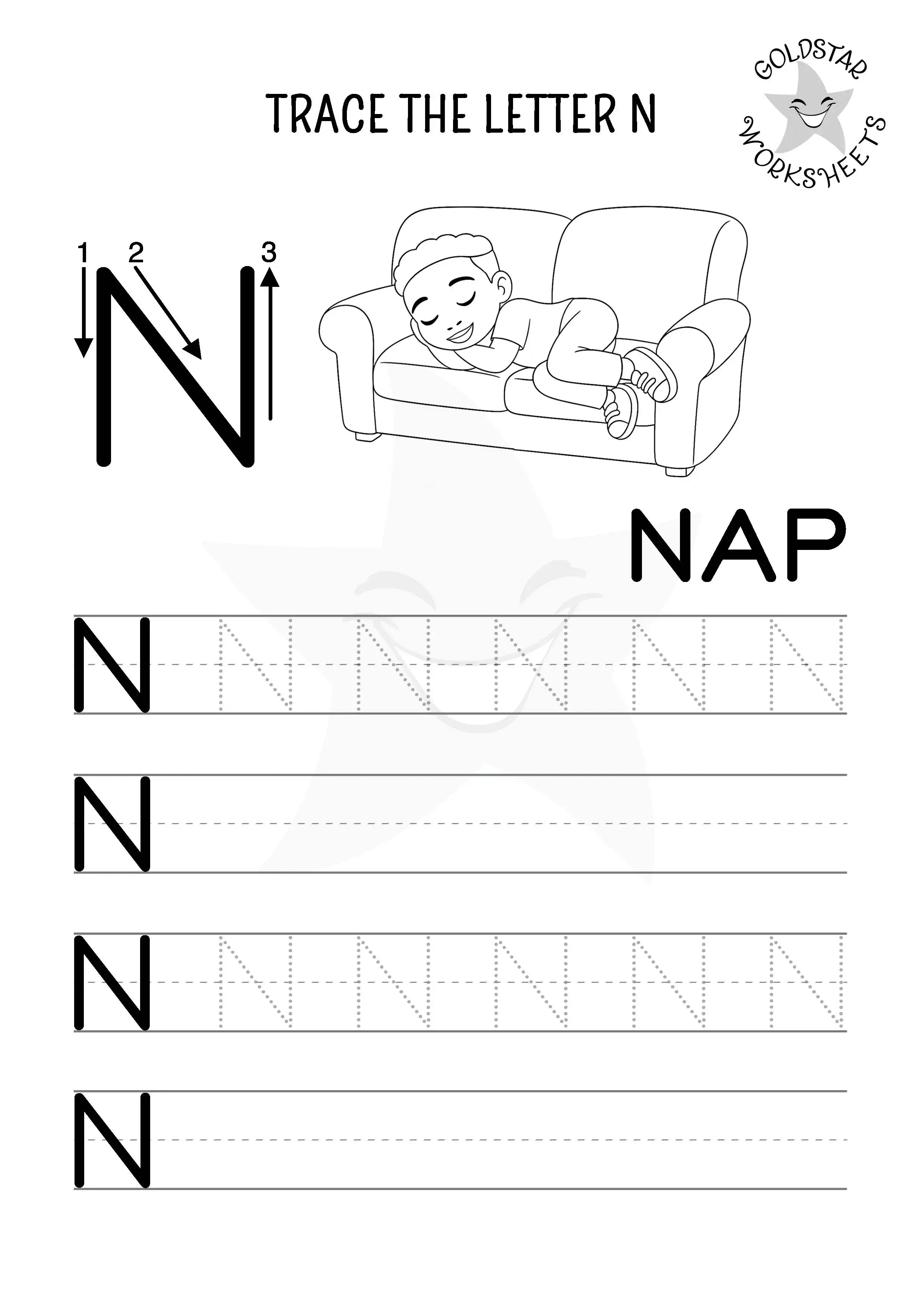 Uppercase N tracing and writing practice with a boy taking a cosy nap. Designed for kids to color in. 